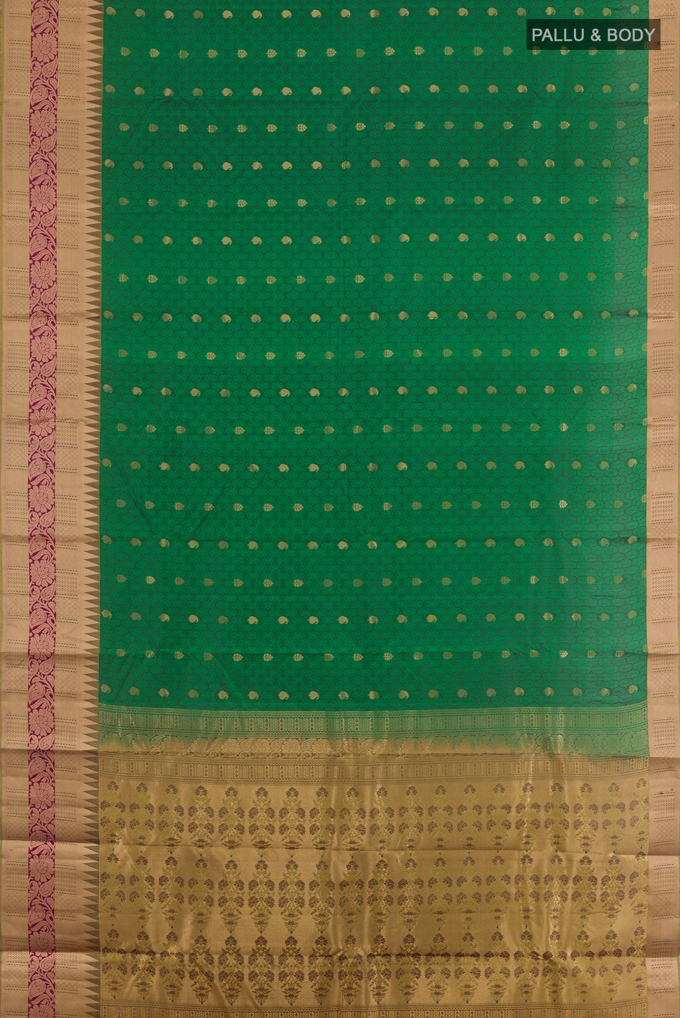 Flat view of Green Kanjivaram Silk Saree with Jacquard With Zari Butta on the body and Zari Border. 