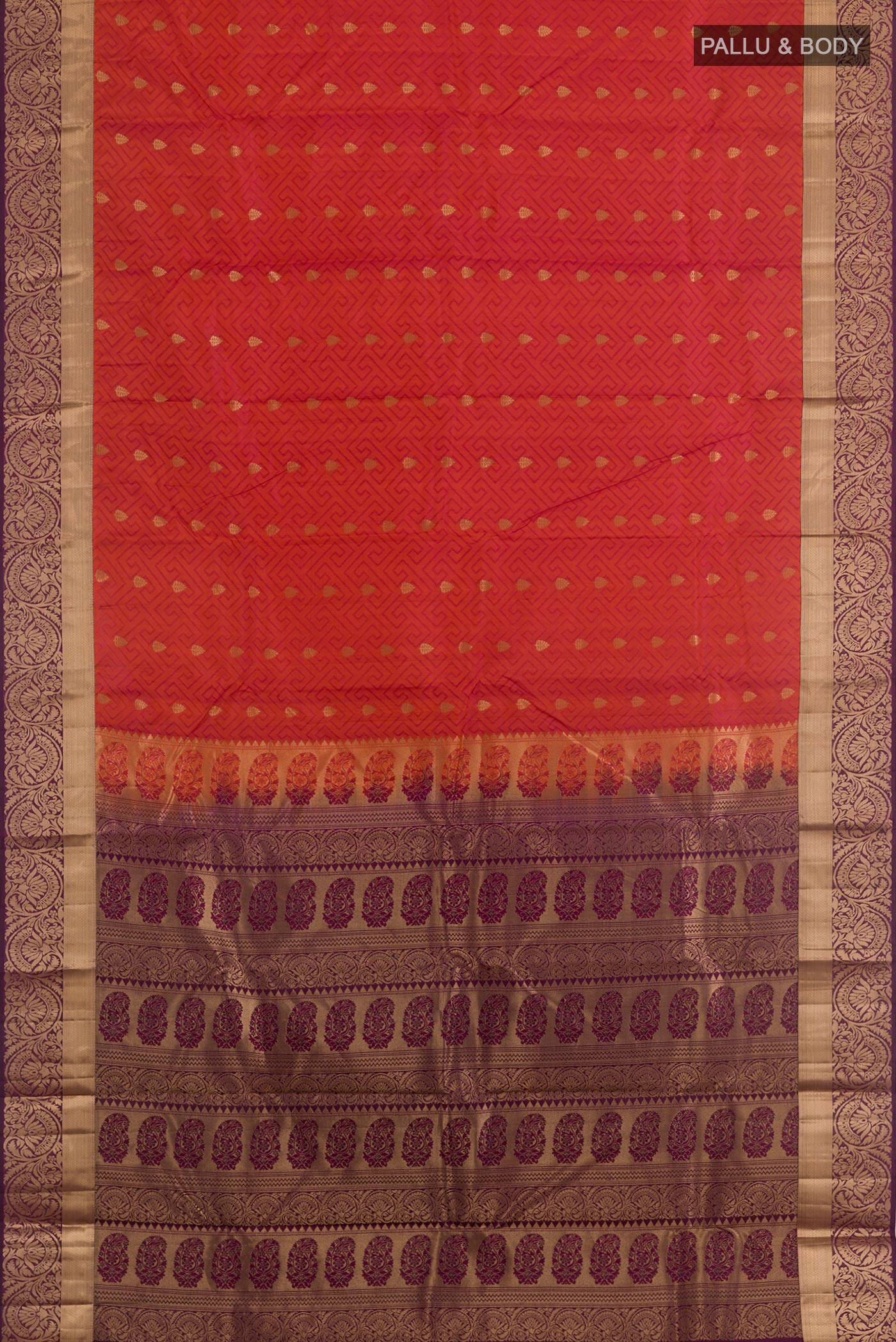 Flat view of Rust Kanjivaram Silk Saree with Jacquard With Zari Butta on the body and Zari Border. 
