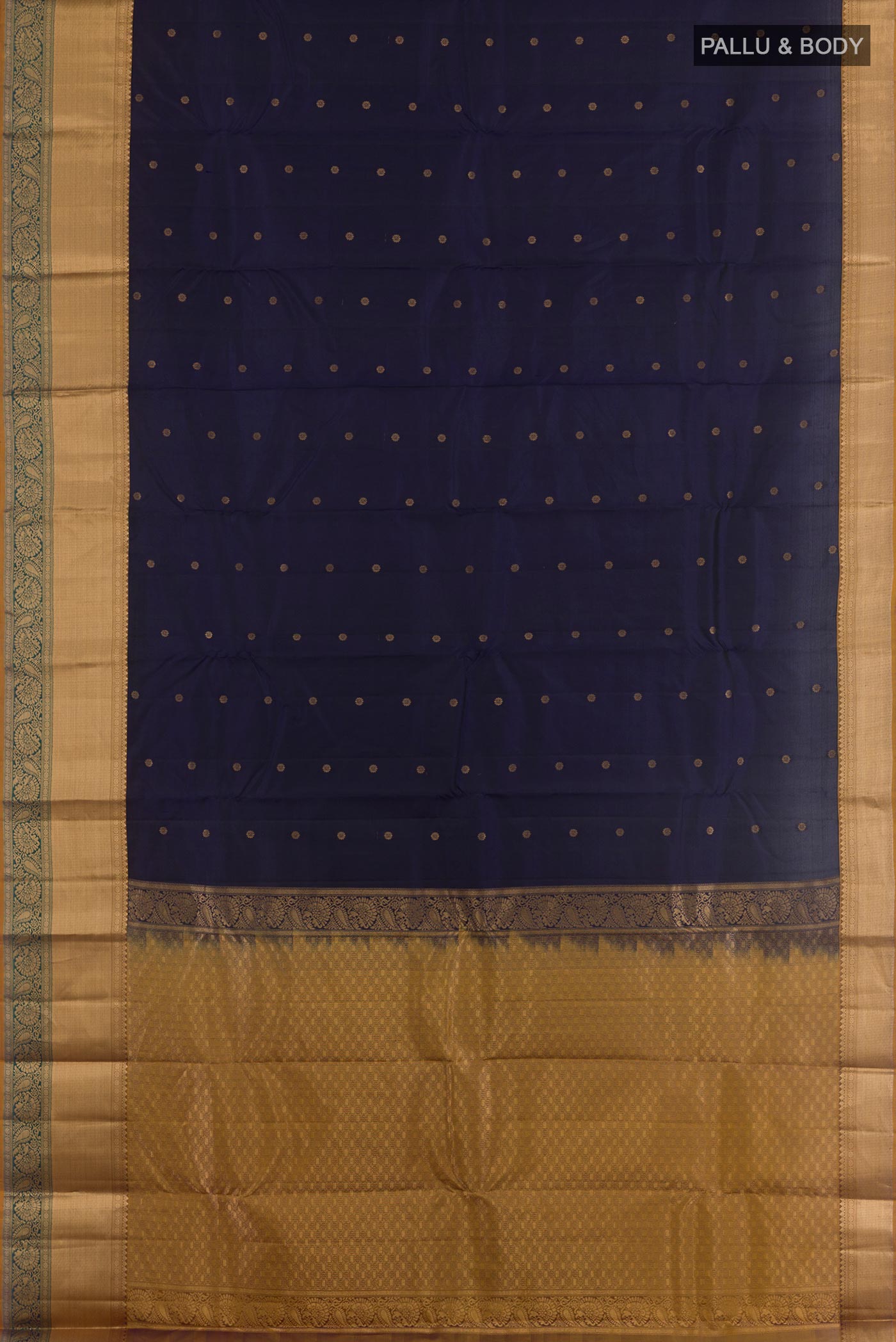 Flat view of Blue Kanjivaram Silk Saree with Zari Butta on the body and Zari Border. 