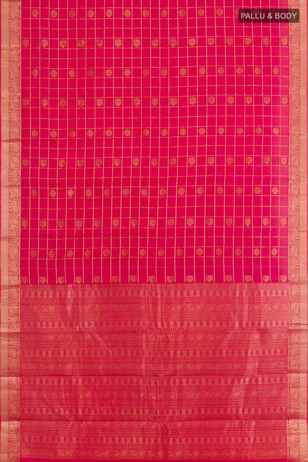 Flat view of Red Kanchipuram Silk Saree with Checked design on the body and Zari Border. 