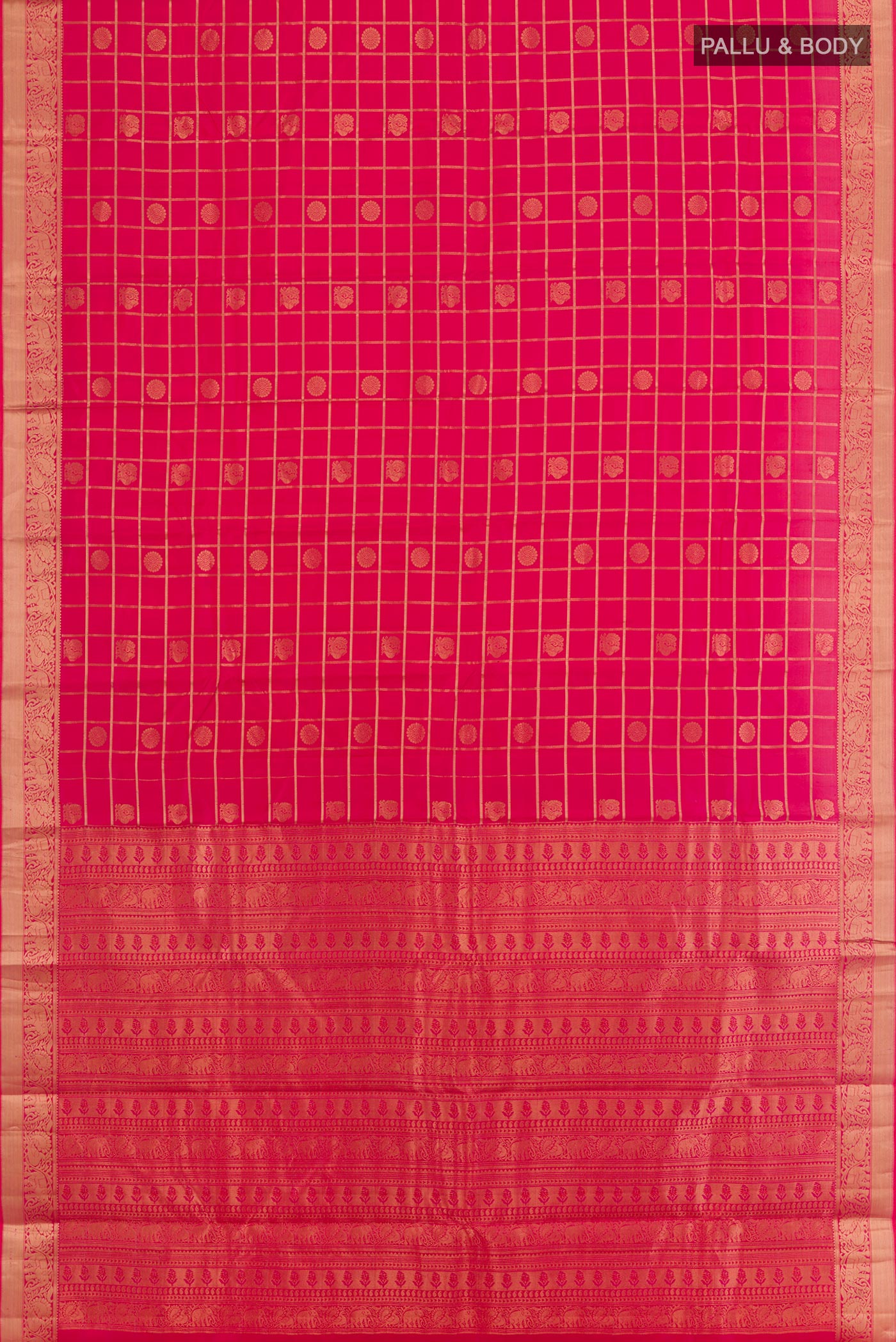 Flat view of Red Kanchipuram Silk Saree with Checked design on the body and Zari Border. 
