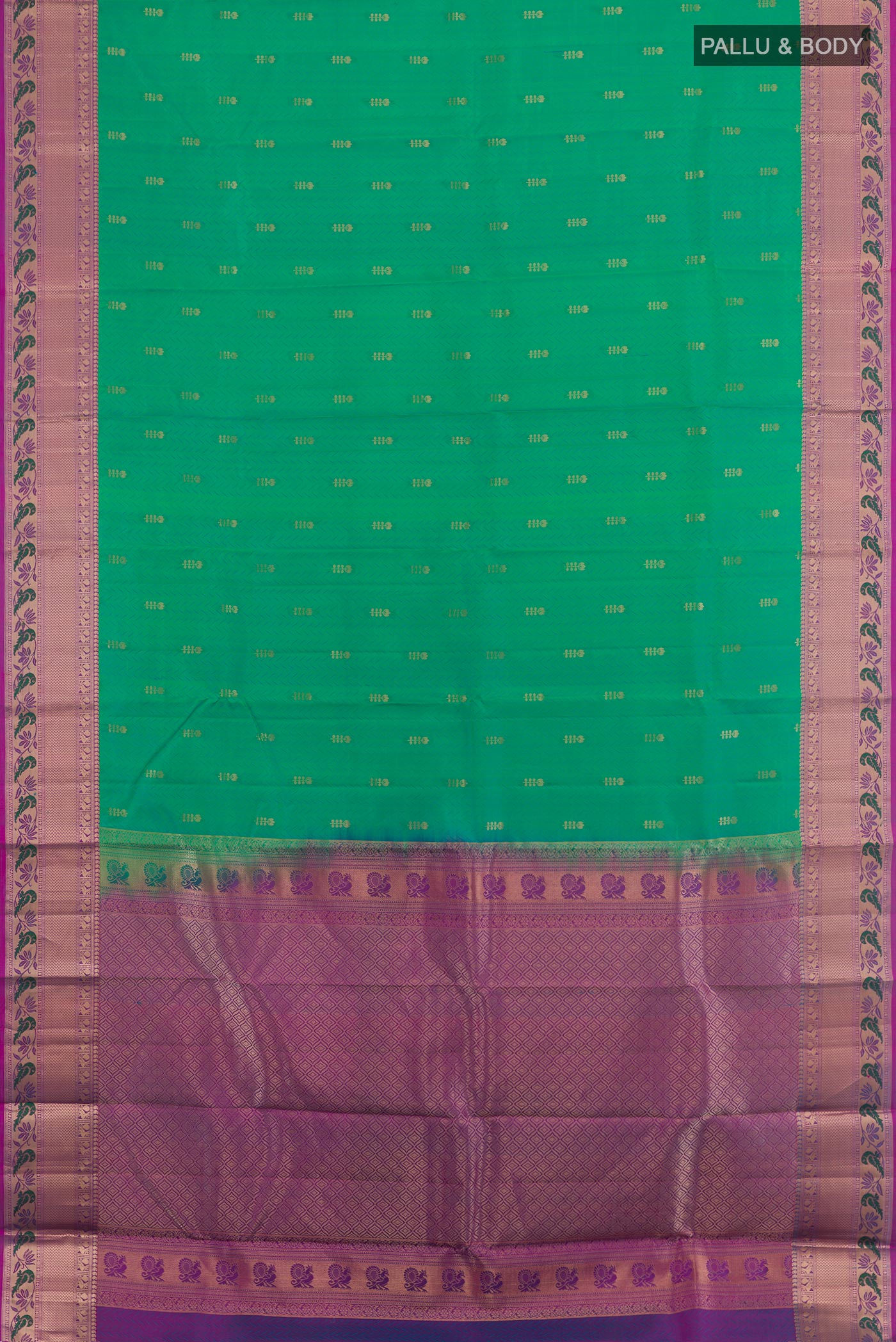 Flat view of Green Kanjivaram Silk Saree with Jacquard With Zari Butta on the body and Zari Border. 