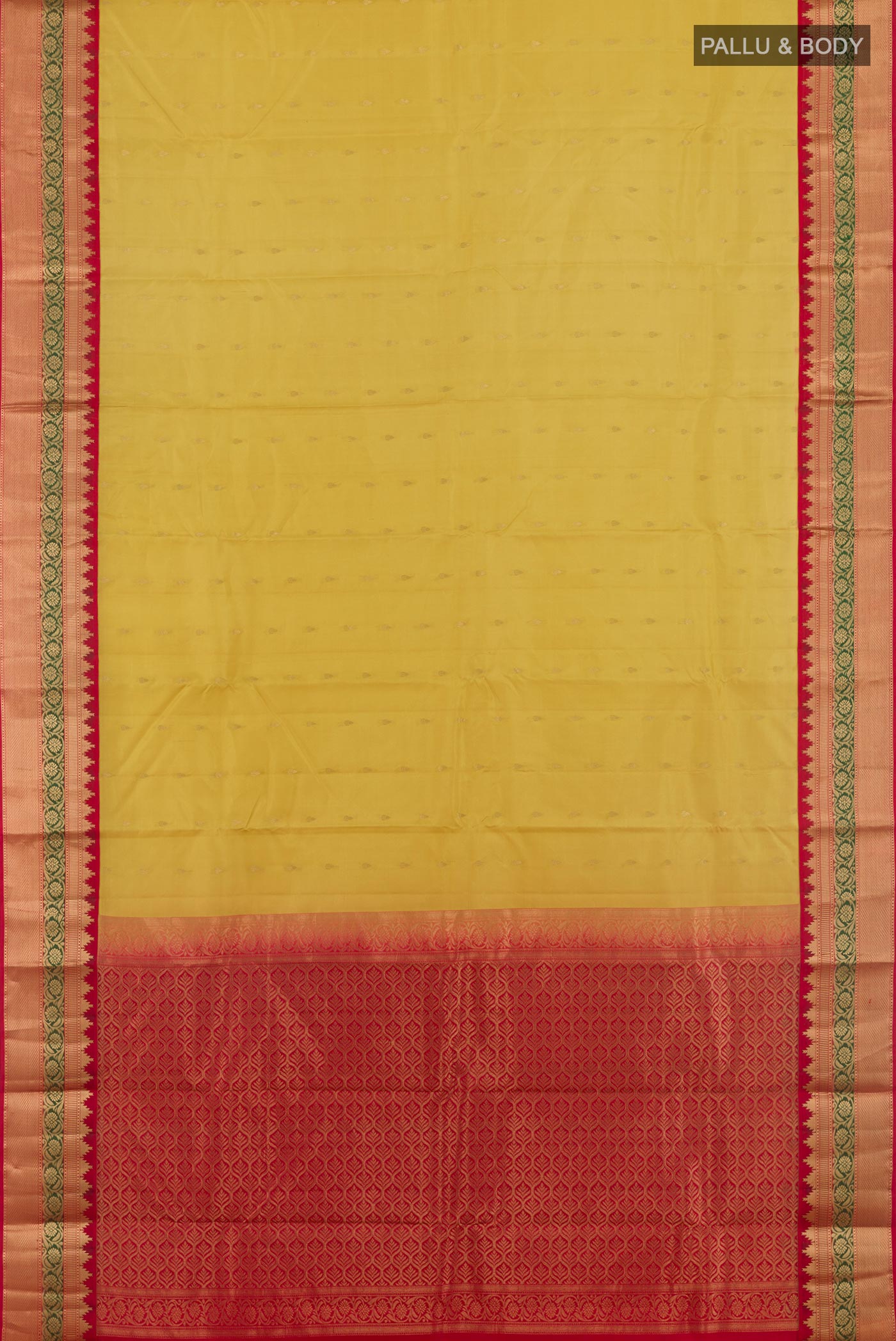 Flat view of Lemon Yellow Kanchipuram Silk Saree with Zari Butta on the body and Zari Border. 