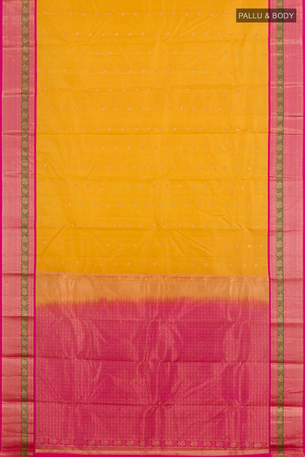 Flat view of Yellow Kanchipuram Silk Saree with Zari Butta on the body and Zari Border. 