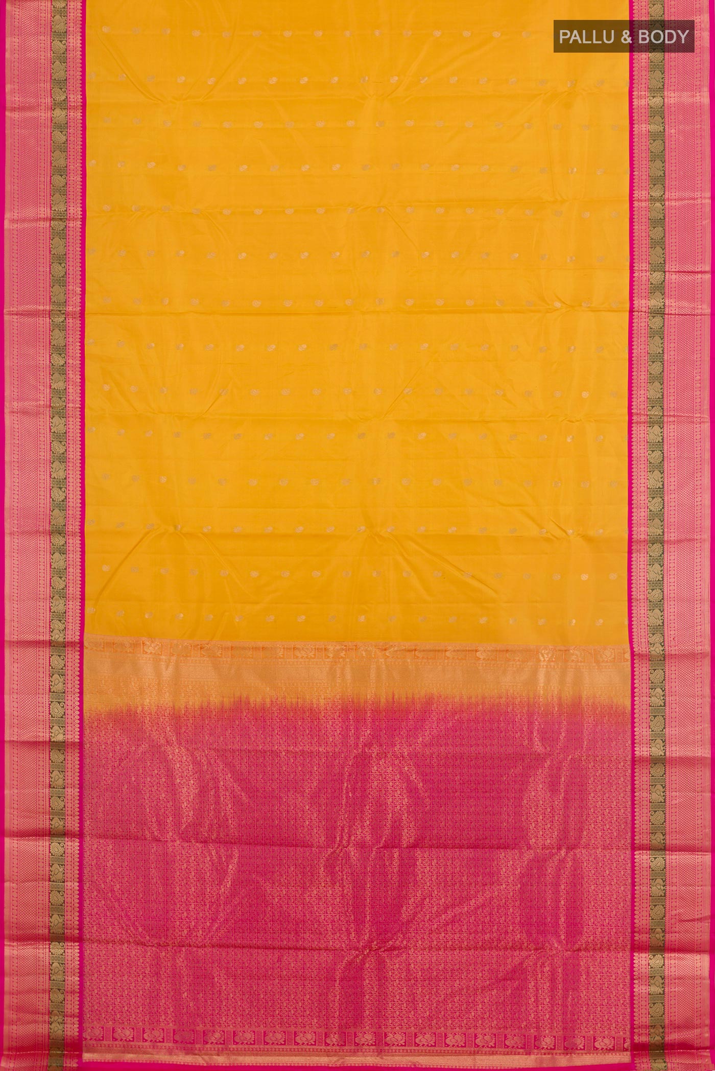 Flat view of Yellow Kanchipuram Silk Saree with Zari Butta on the body and Zari Border. 