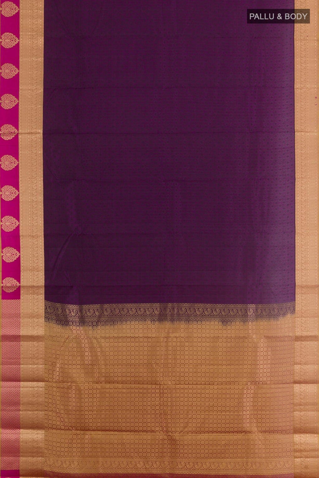 Flat view of Purple Kanjivaram Silk Saree with Jacquard With Zari Butta on the body and Zari Border. 