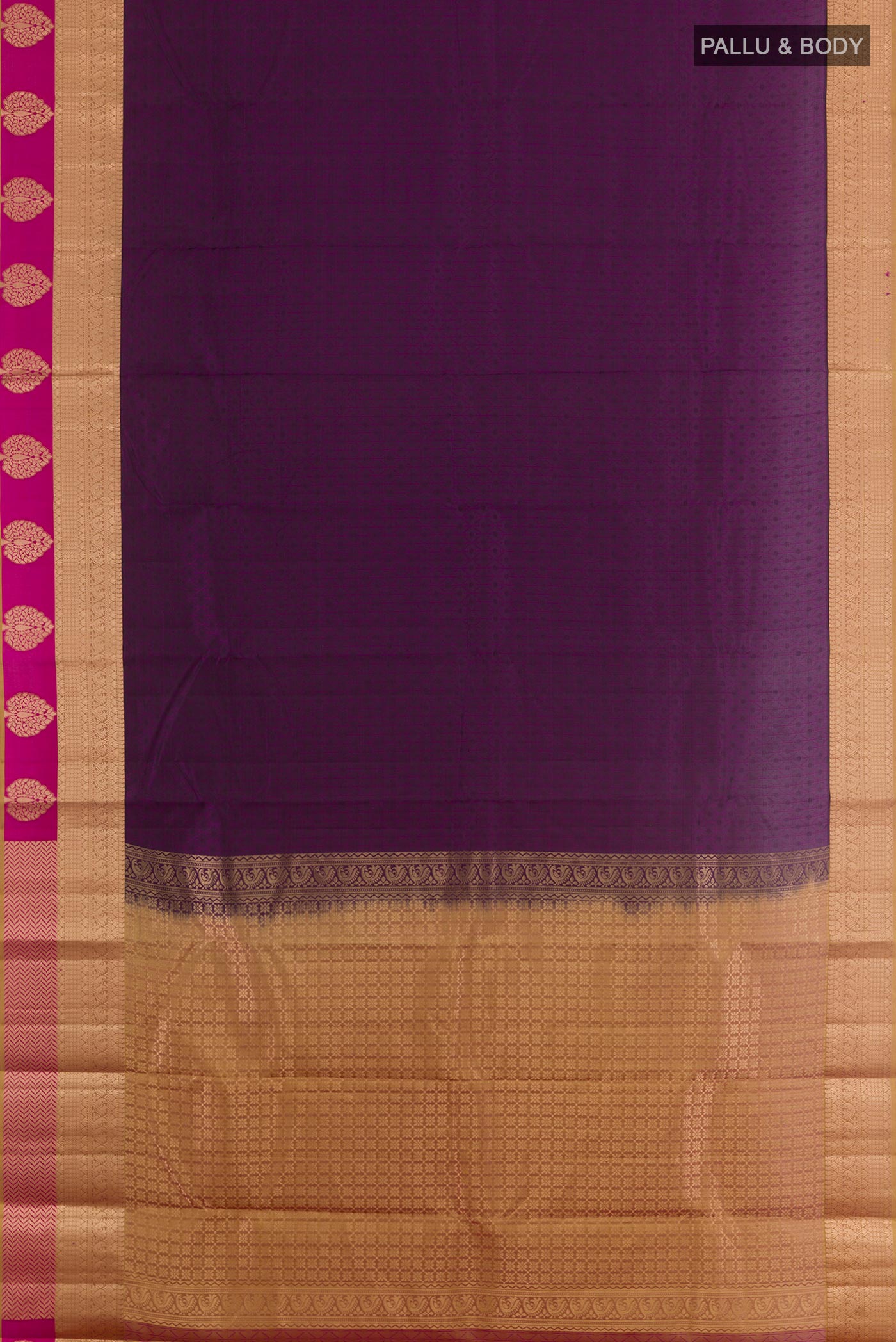 Flat view of Purple Kanjivaram Silk Saree with Jacquard With Zari Butta on the body and Zari Border. 