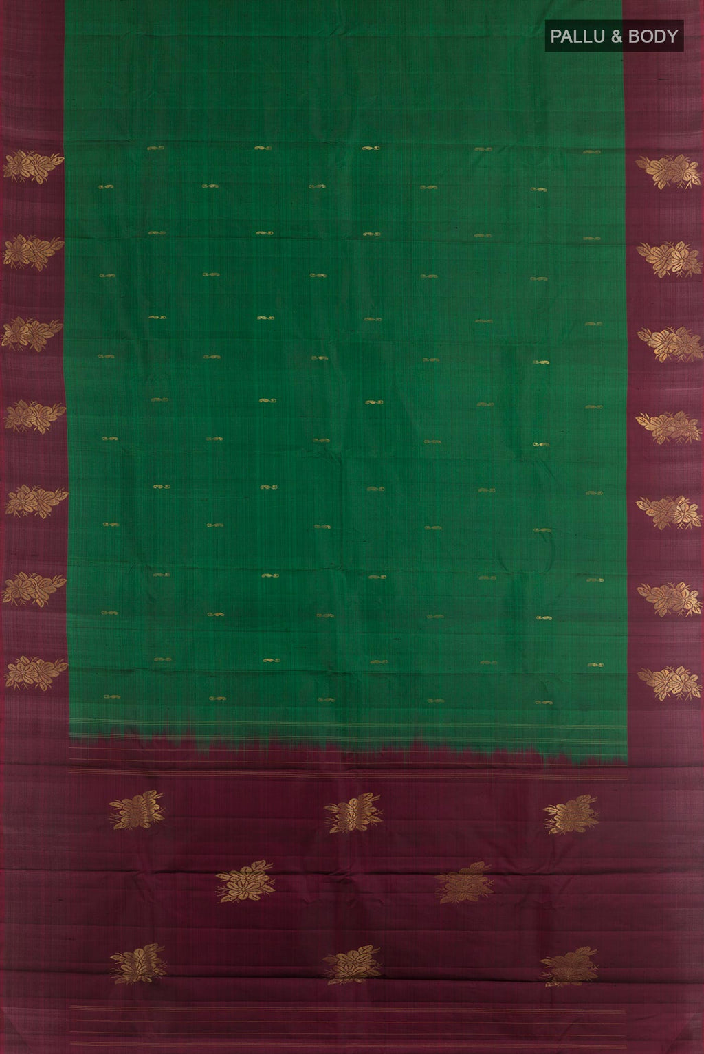 Flat view of Bottle Green Kanchipuram Silk Saree with Zari Butta on the body and Zari Border. 