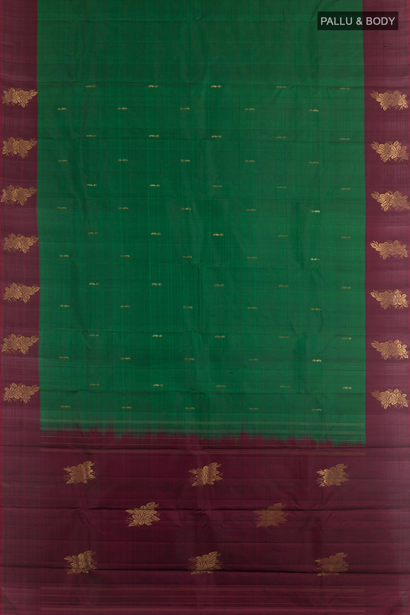 Flat view of Bottle Green Kanchipuram Silk Saree with Zari Butta on the body and Zari Border. 