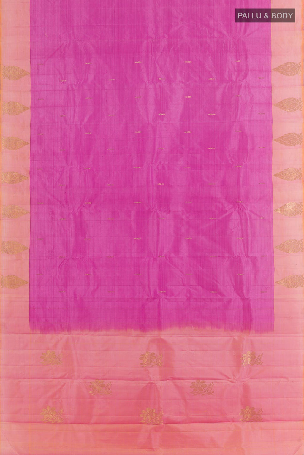 Flat view of Pink Kanchipuram Silk Saree with Zari Butta on the body and Zari Border. 