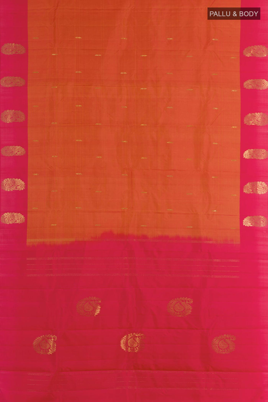 Flat view of Brick Orange Kanchipuram Silk Saree with Zari Butta on the body and Zari Border. 