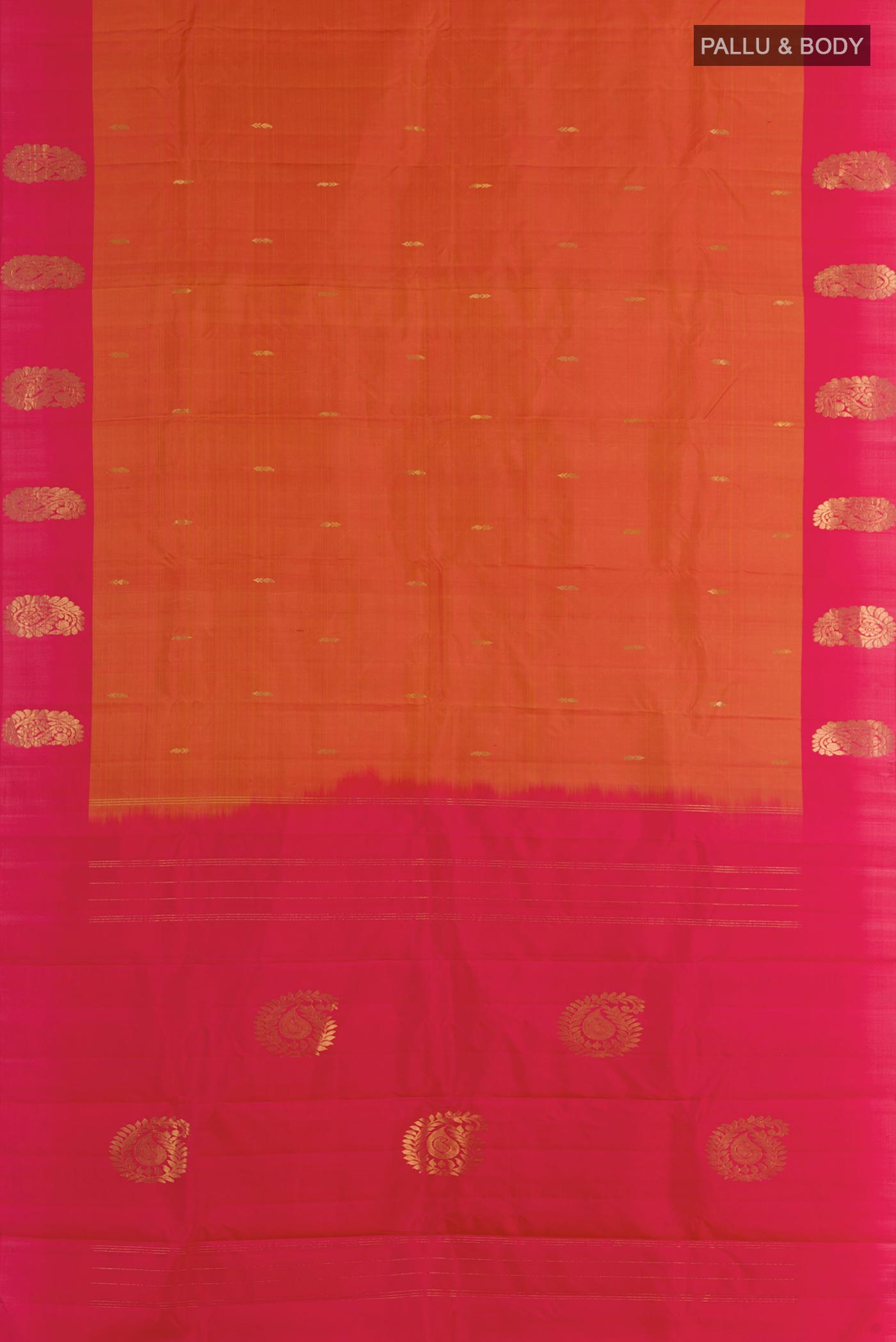 Flat view of Brick Orange Kanchipuram Silk Saree with Zari Butta on the body and Zari Border. 