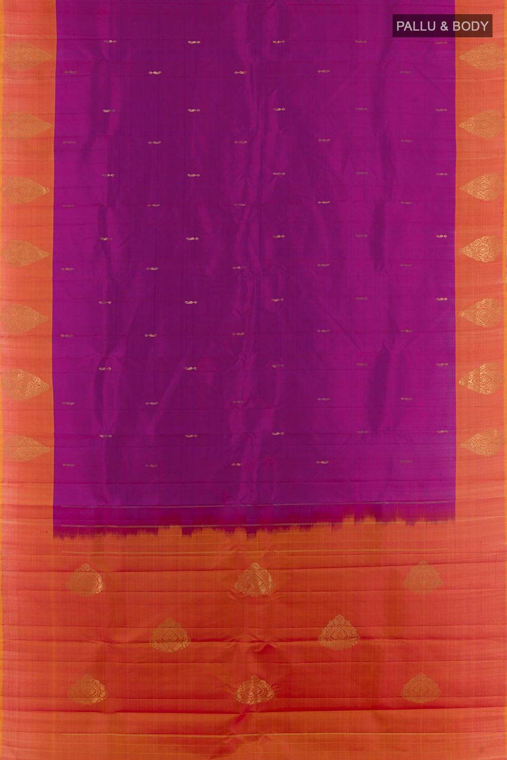 Flat view of Purple Kanchipuram Silk Saree with Zari Butta on the body and Zari Border. 