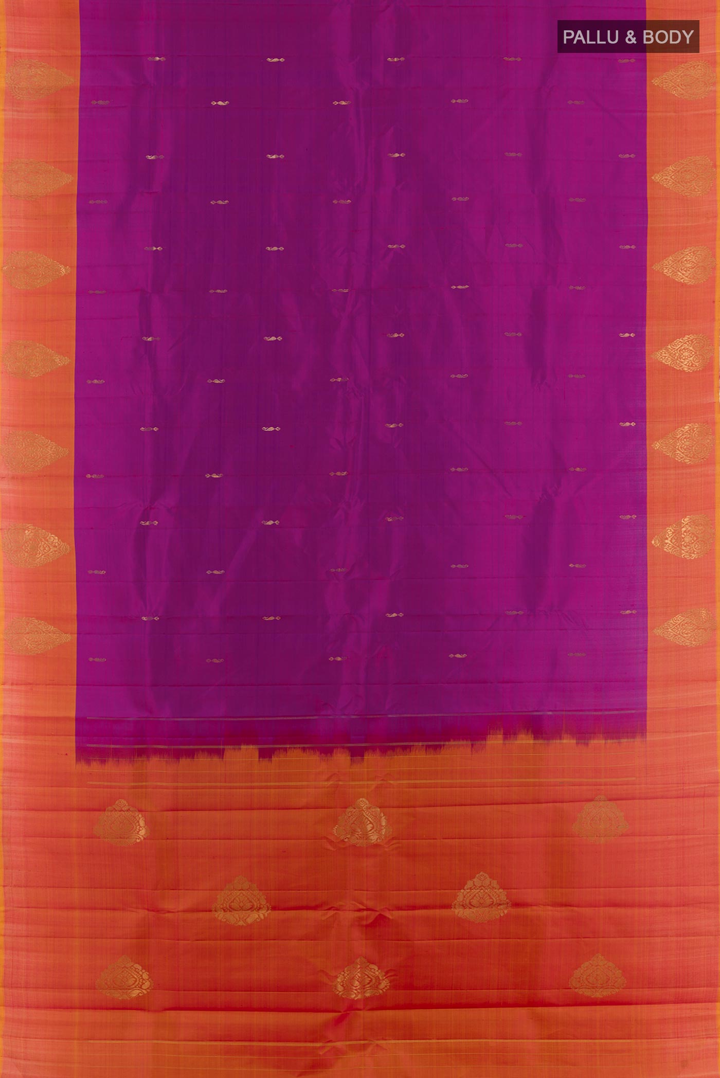 Flat view of Purple Kanchipuram Silk Saree with Zari Butta on the body and Zari Border. 