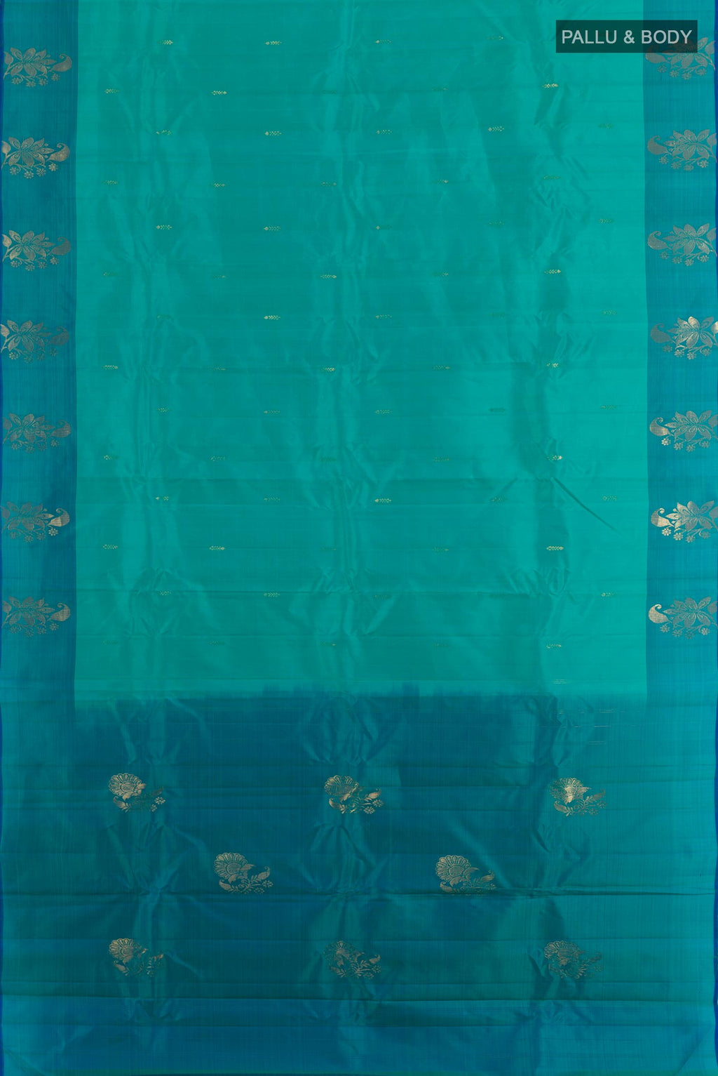 Flat view of Sea Green Kanchipuram Silk Saree with Zari Butta on the body and Zari Border. 