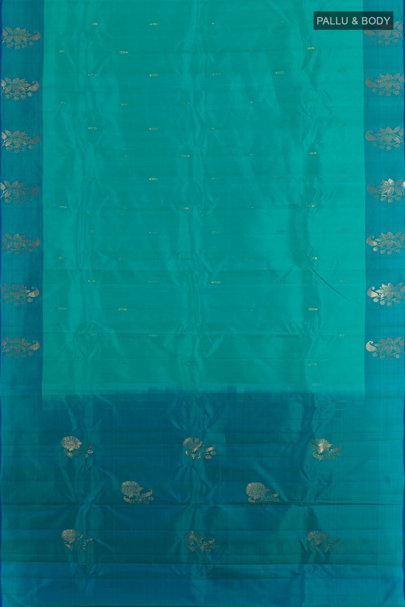 Flat view of Sea Green Kanchipuram Silk Saree with Zari Butta on the body and Zari Border. 