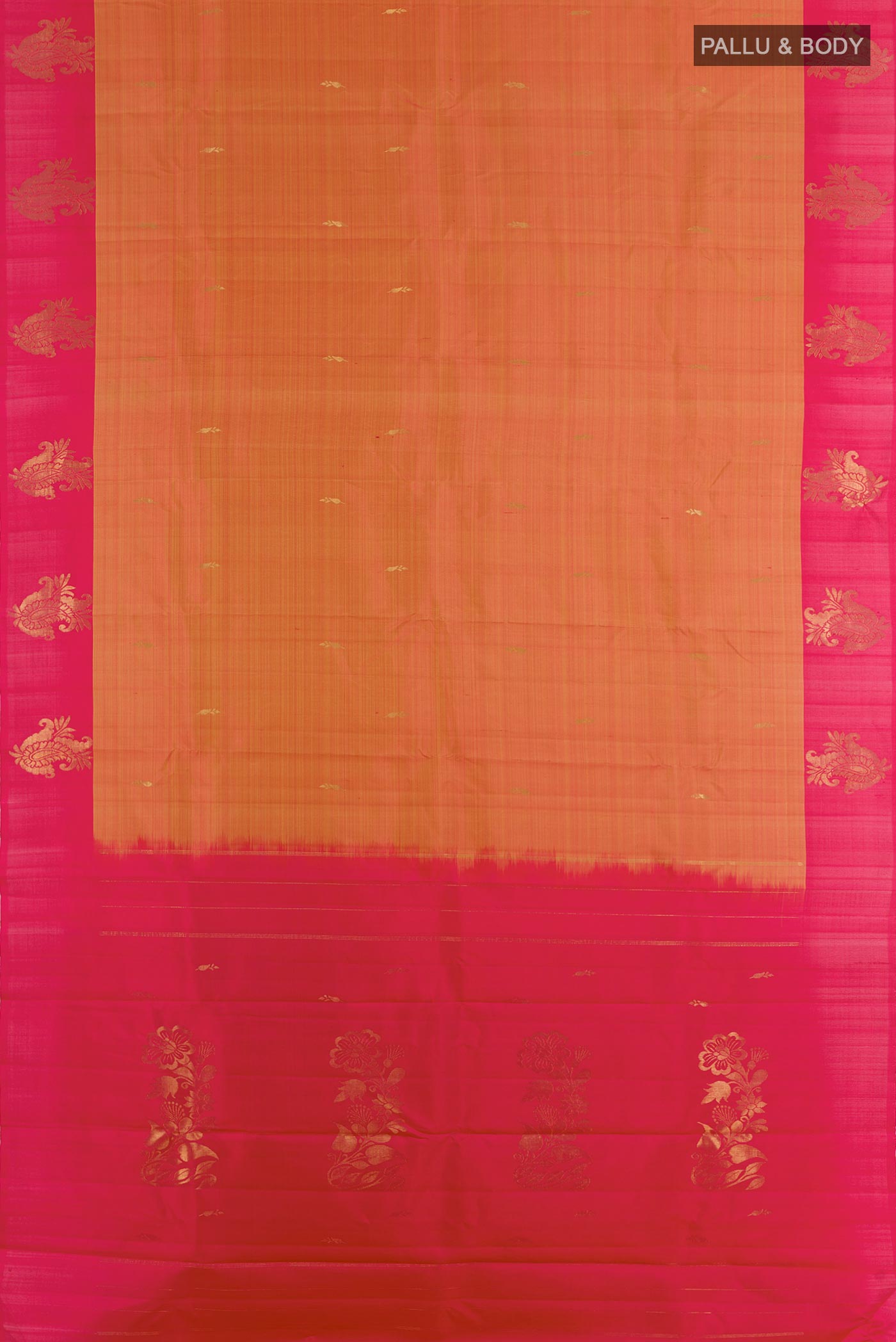 Flat view of Brick Orange Kanchipuram Silk Saree with Zari Butta on the body and Zari Border. 