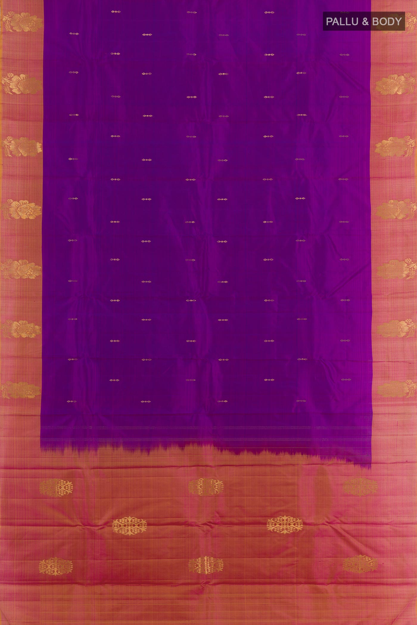 Flat view of Purple Kanchipuram Silk Saree with Zari Butta on the body and Zari Border. 
