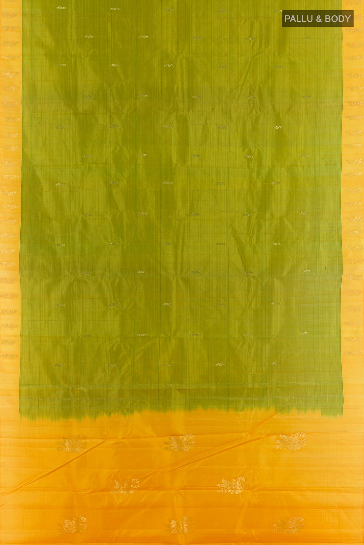 Flat view of Green Kanchipuram Silk Saree with Zari Butta on the body and Zari Border. 
