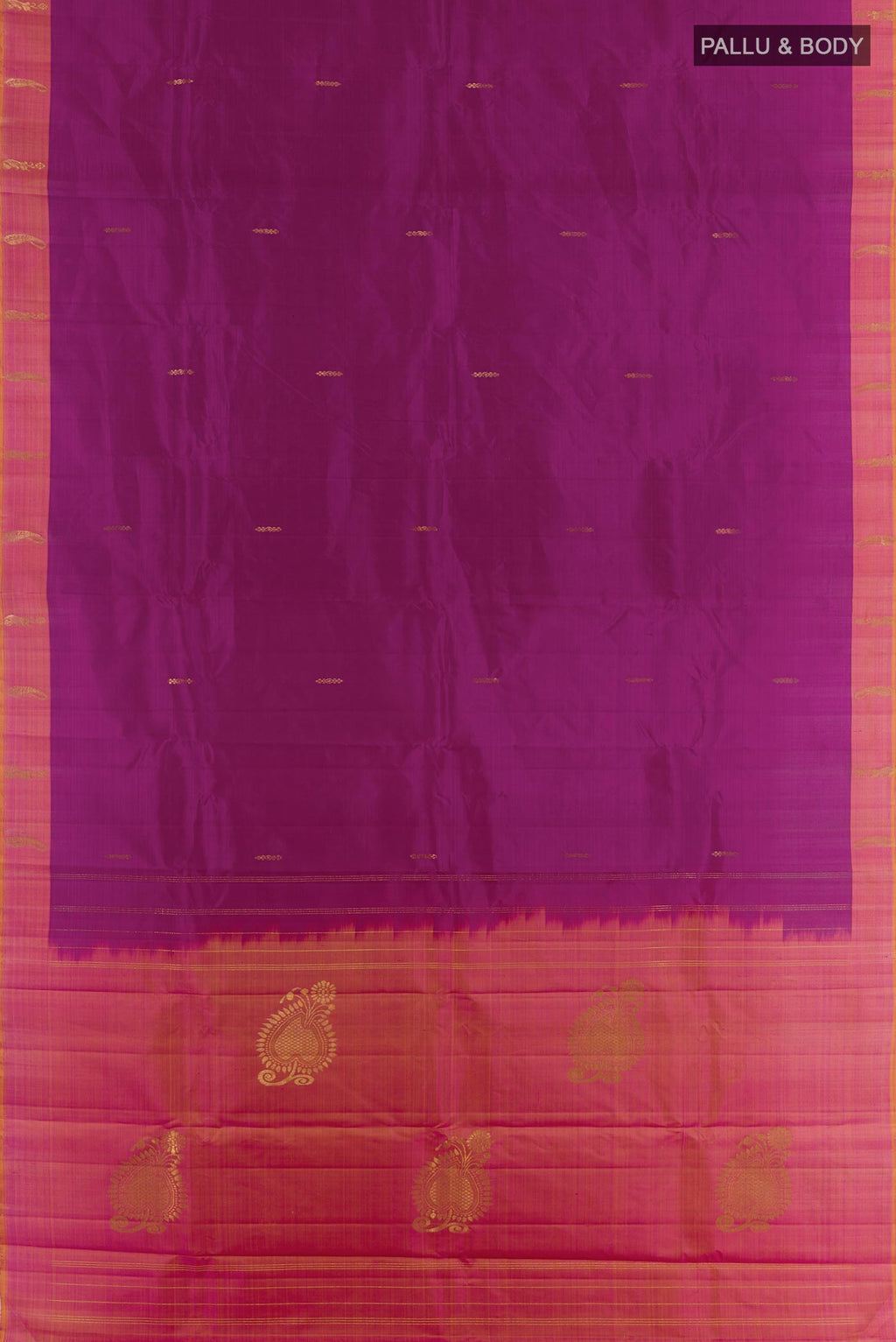 Flat view of Purple Kanchipuram Silk Saree with Zari Butta on the body and Zari Border. 