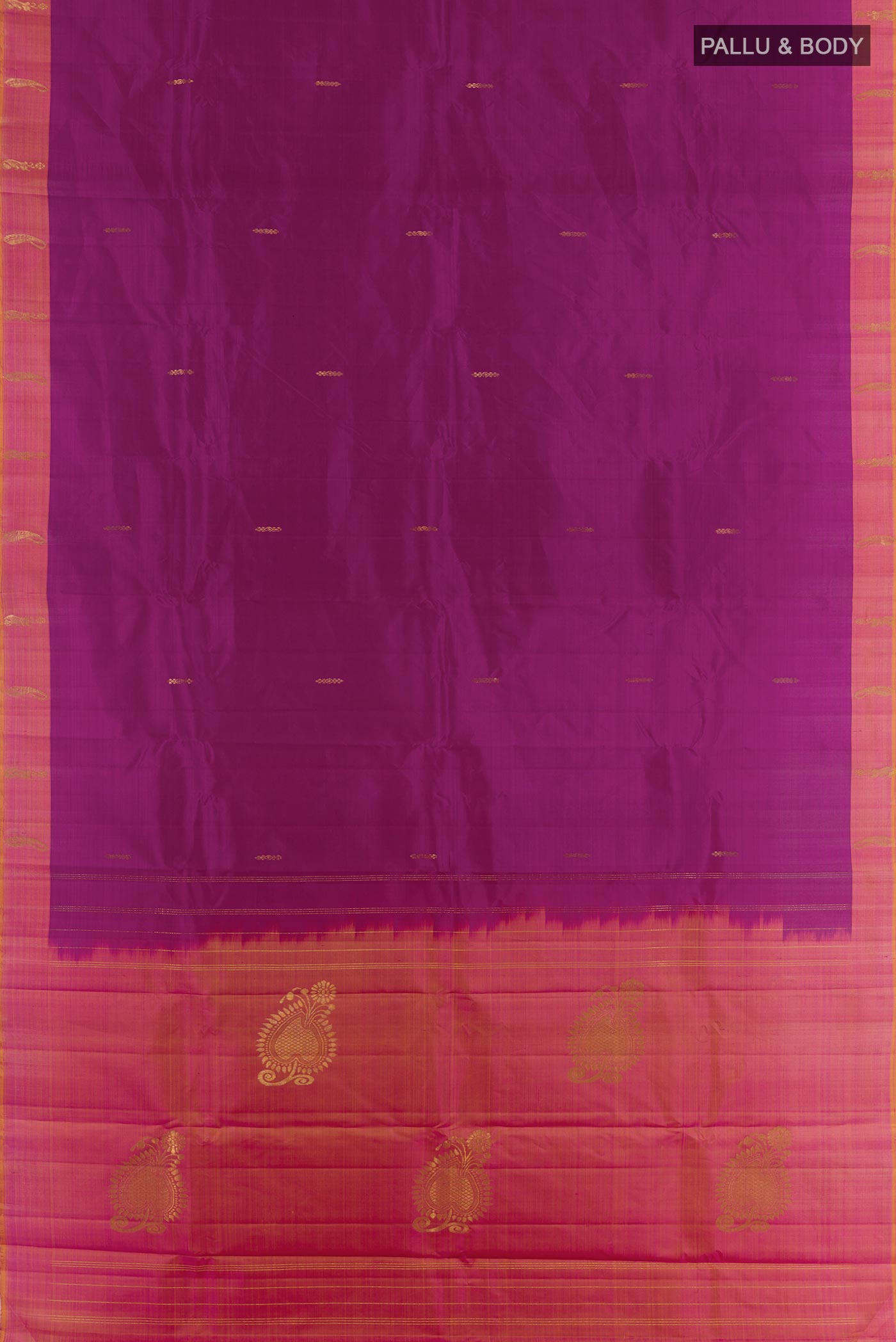 Flat view of Purple Kanchipuram Silk Saree with Zari Butta on the body and Zari Border. 