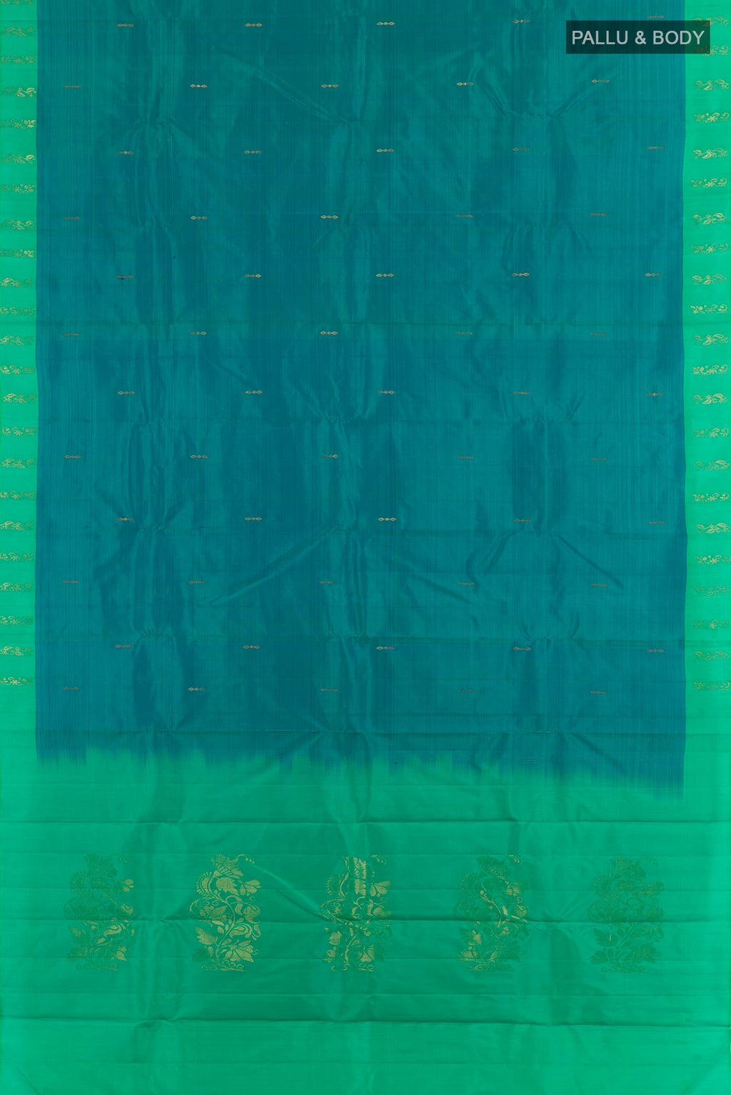 Flat view of Peacock Blue Kanchipuram Silk Saree with Zari Butta on the body and Zari Border. 