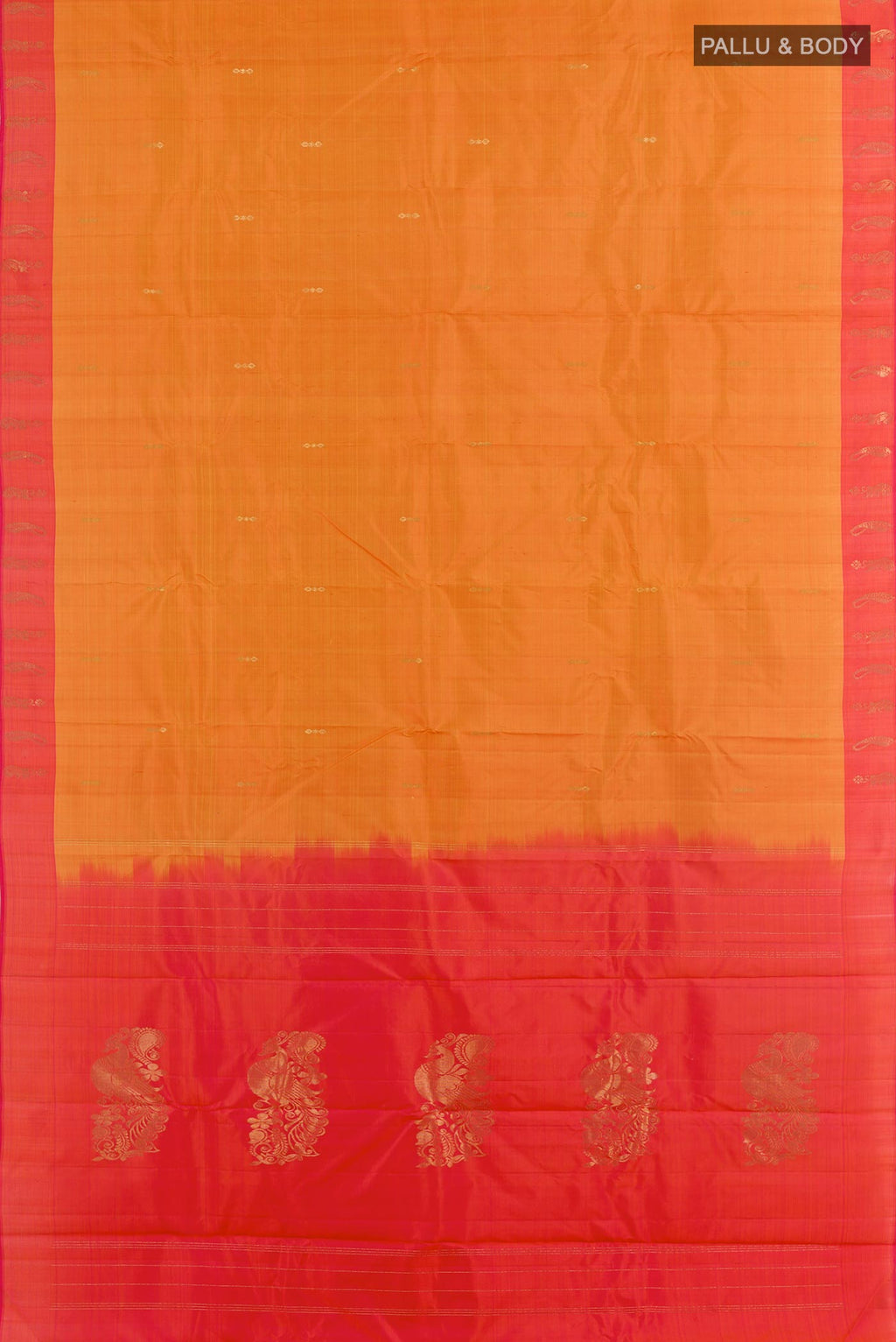 Flat view of Orange Kanchipuram Silk Saree with Zari Butta on the body and Zari Border. 