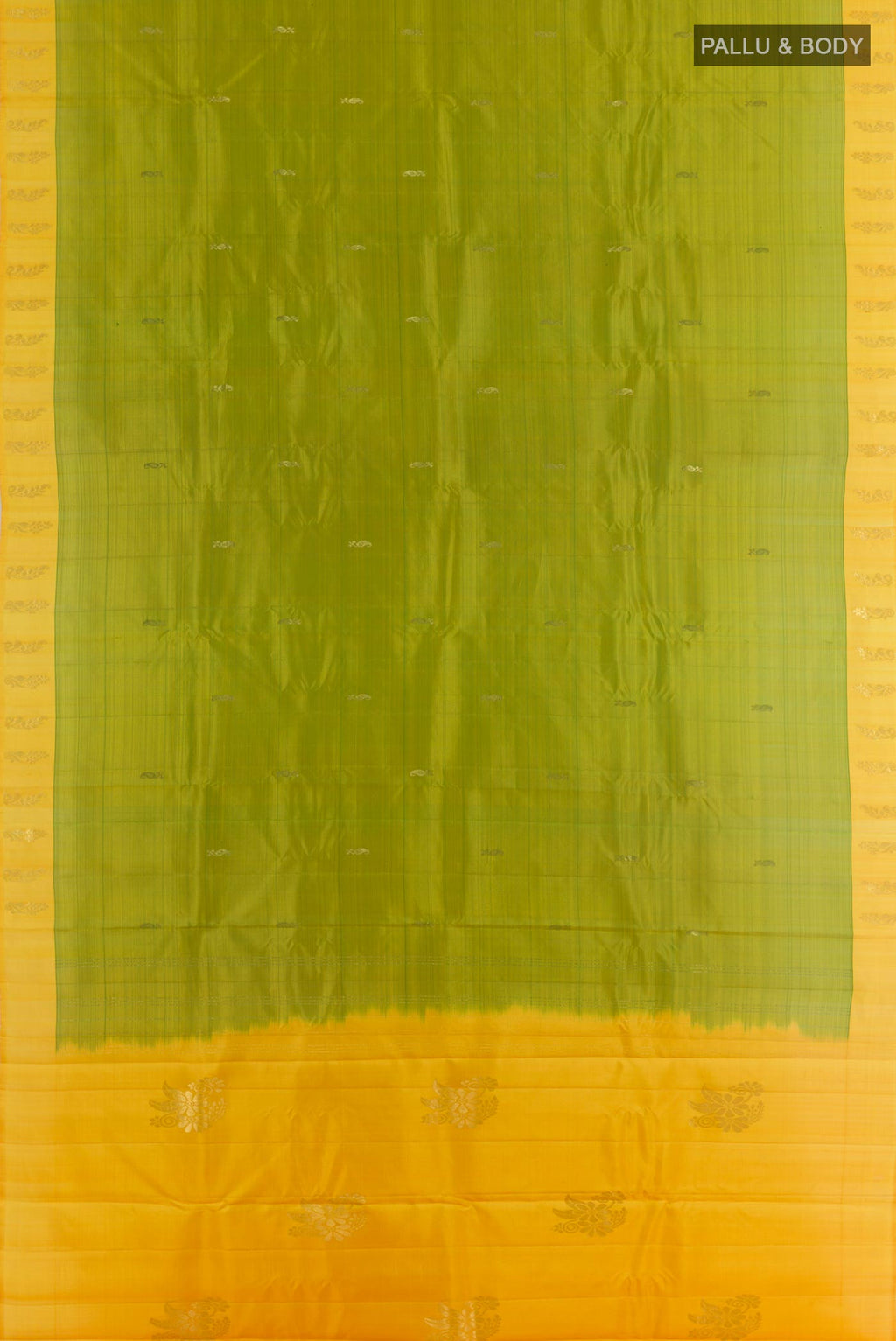 Flat view of Green Kanchipuram Silk Saree with Zari Butta on the body and Zari Border. 