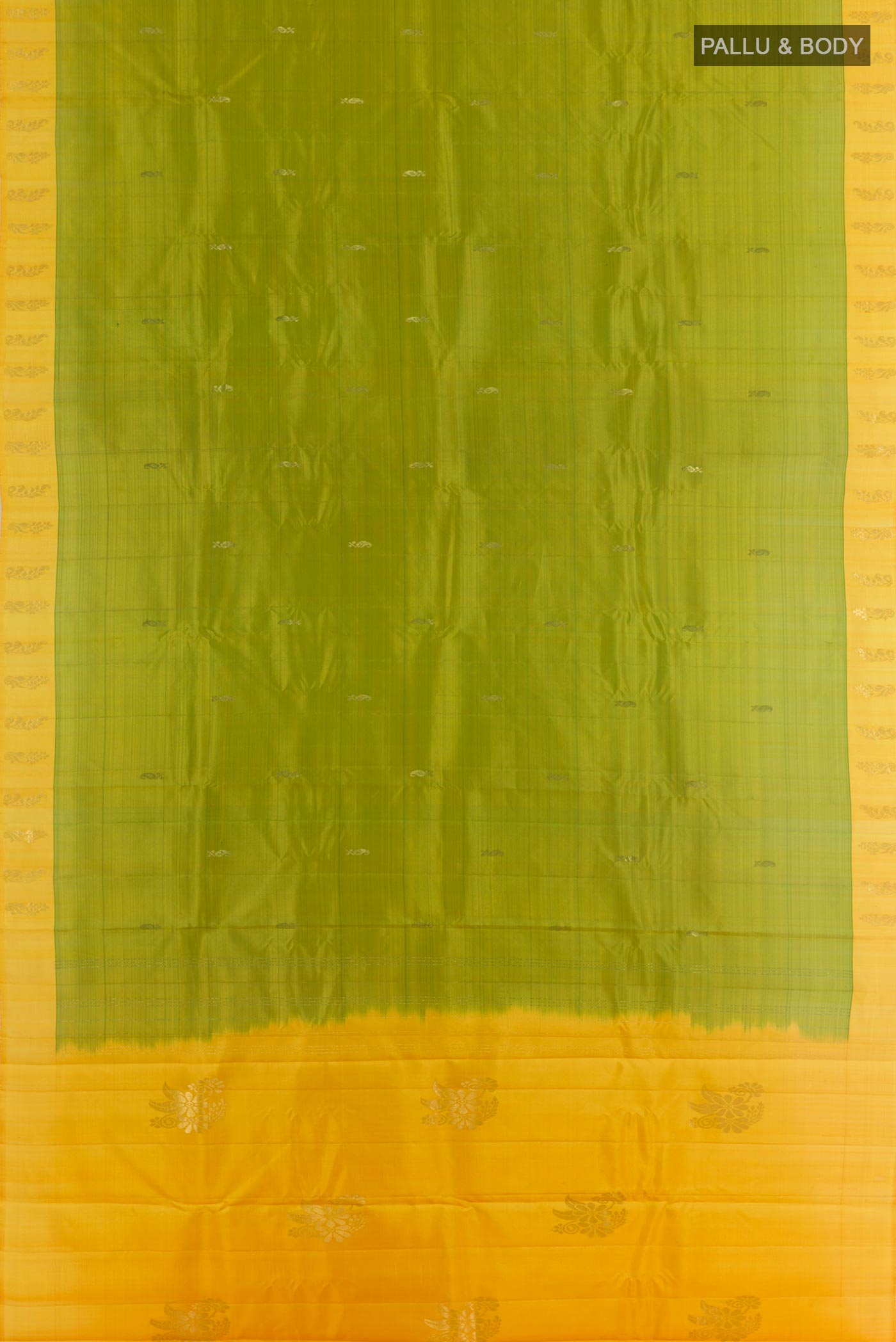 Flat view of Green Kanchipuram Silk Saree with Zari Butta on the body and Zari Border. 