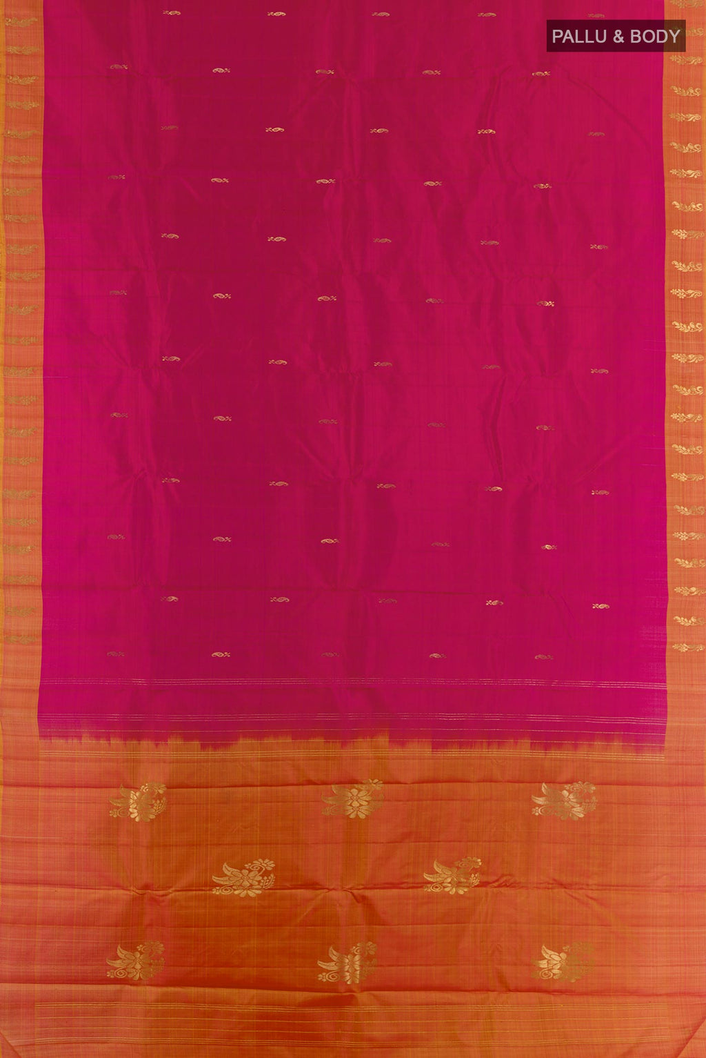 Flat view of Pink Kanchipuram Silk Saree with Zari Butta on the body and Zari Border. 