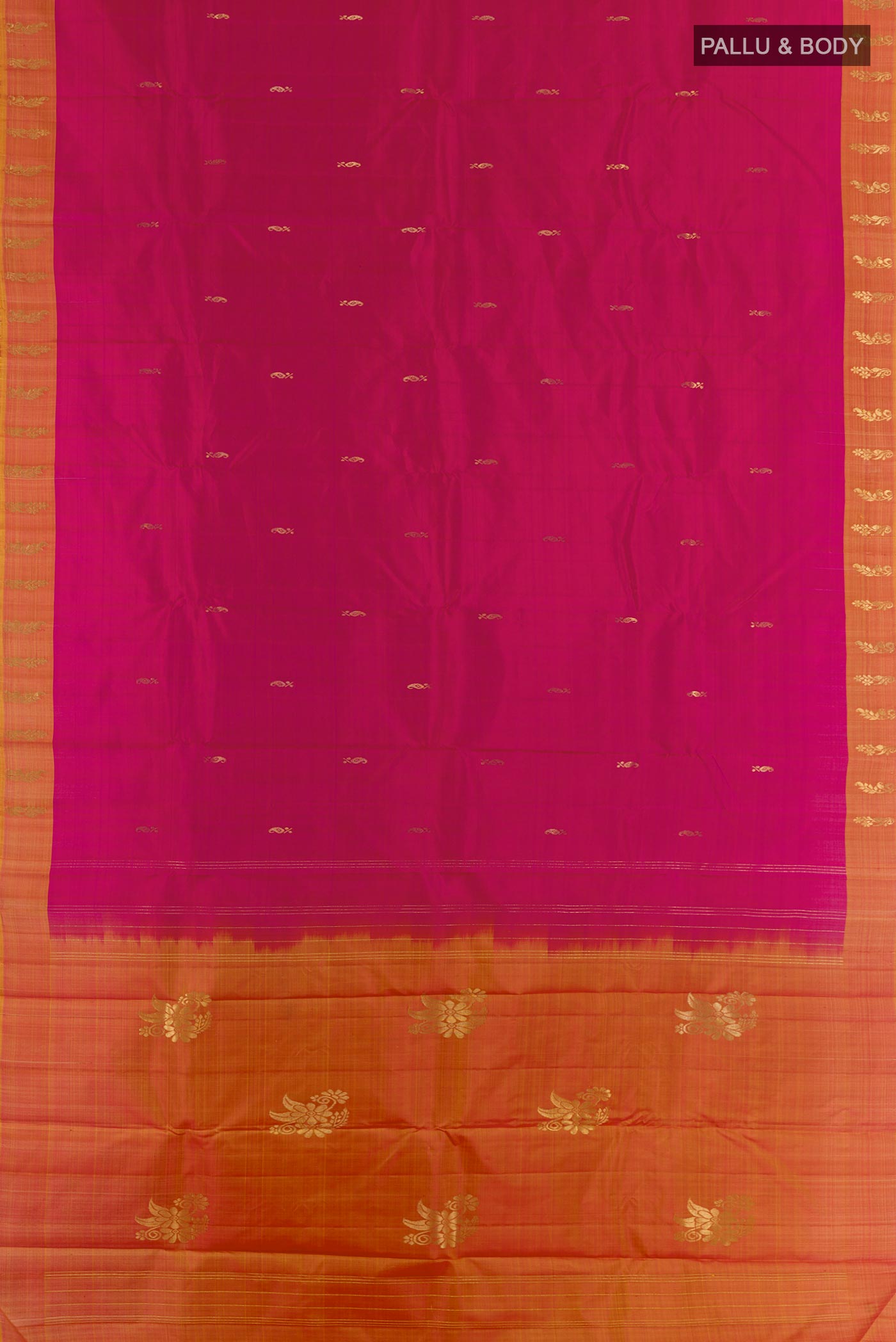 Flat view of Pink Kanchipuram Silk Saree with Zari Butta on the body and Zari Border. 
