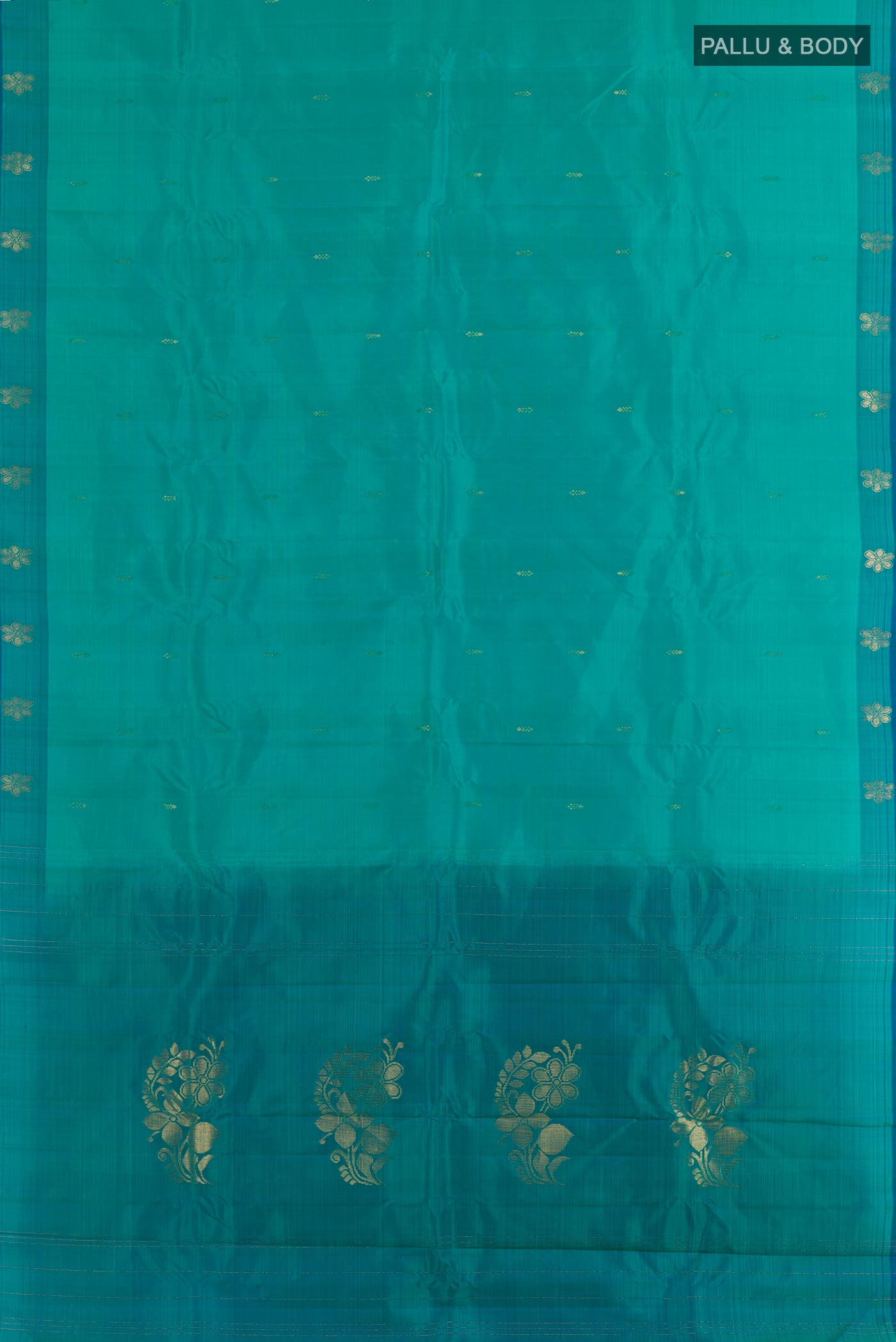 Flat view of Sea Green Kanchipuram Silk Saree with Zari Butta on the body and Zari Border. 
