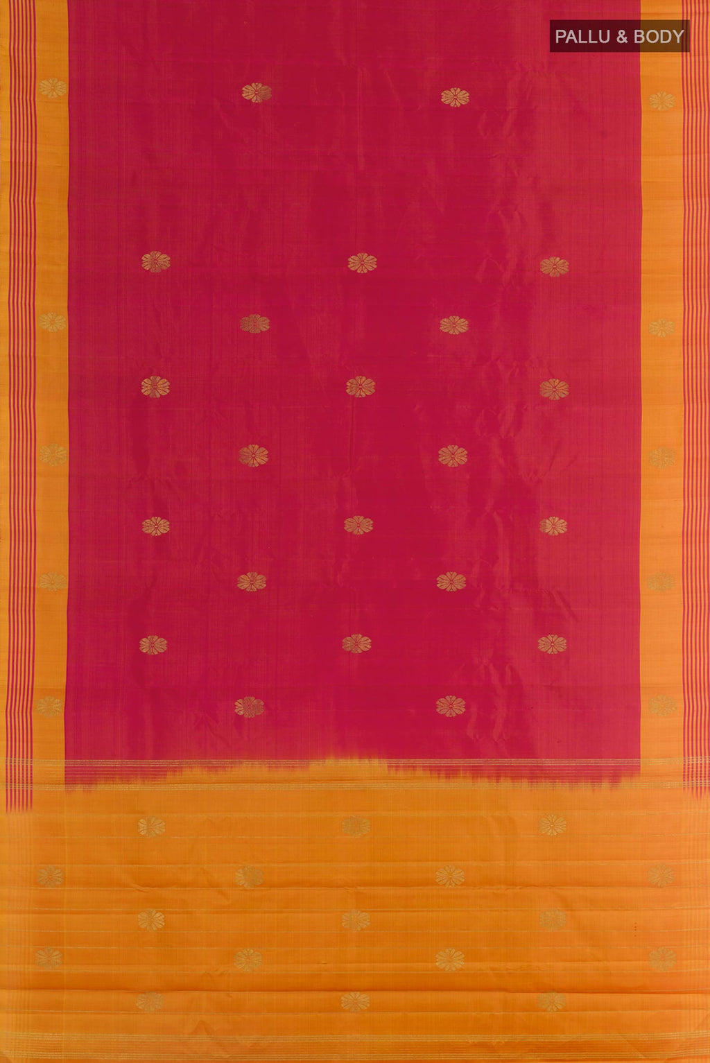 Flat view of Red Kanchipuram Silk Saree with Zari Butta on the body and Zari Border. 