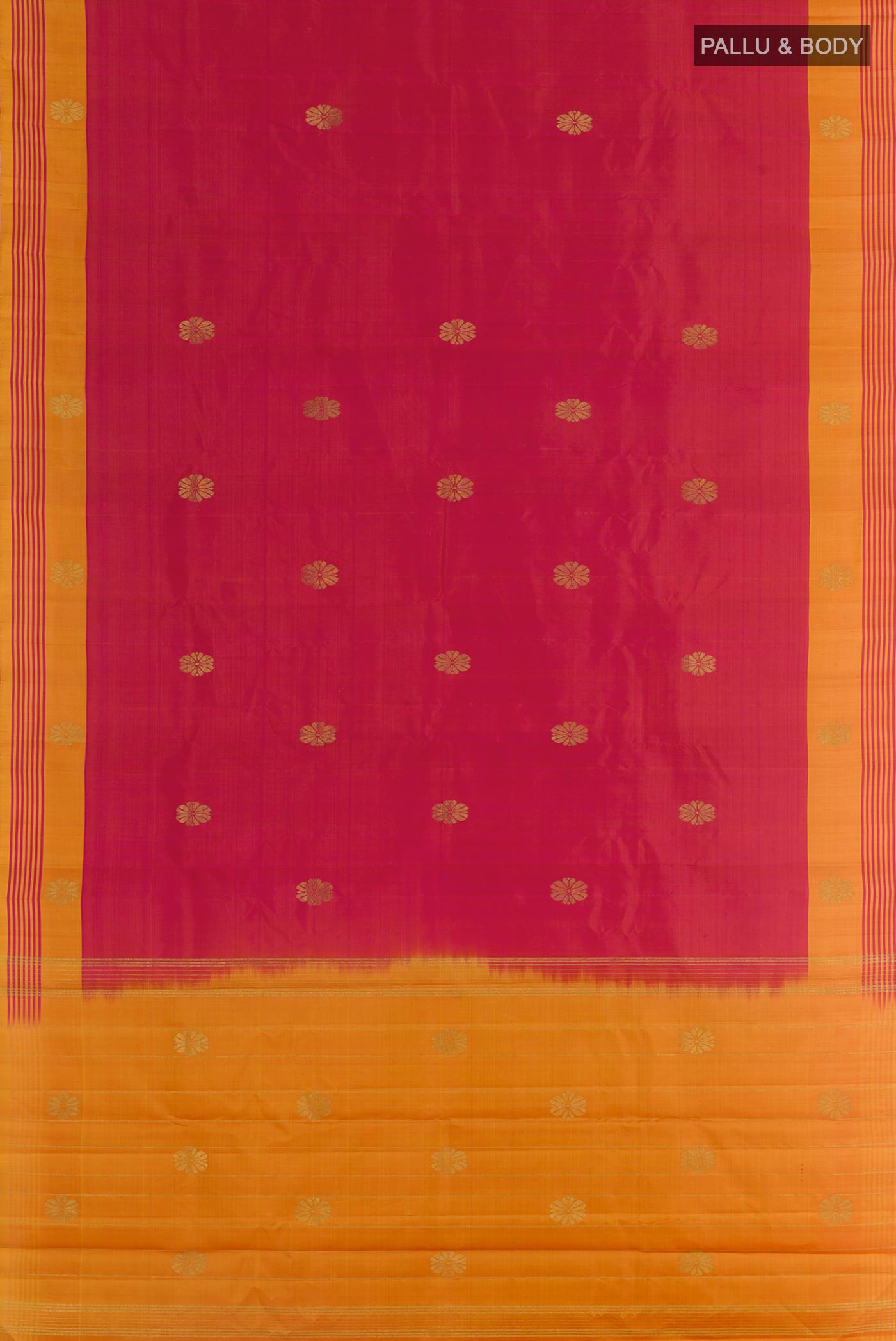 Flat view of Red Kanchipuram Silk Saree with Zari Butta on the body and Zari Border. 