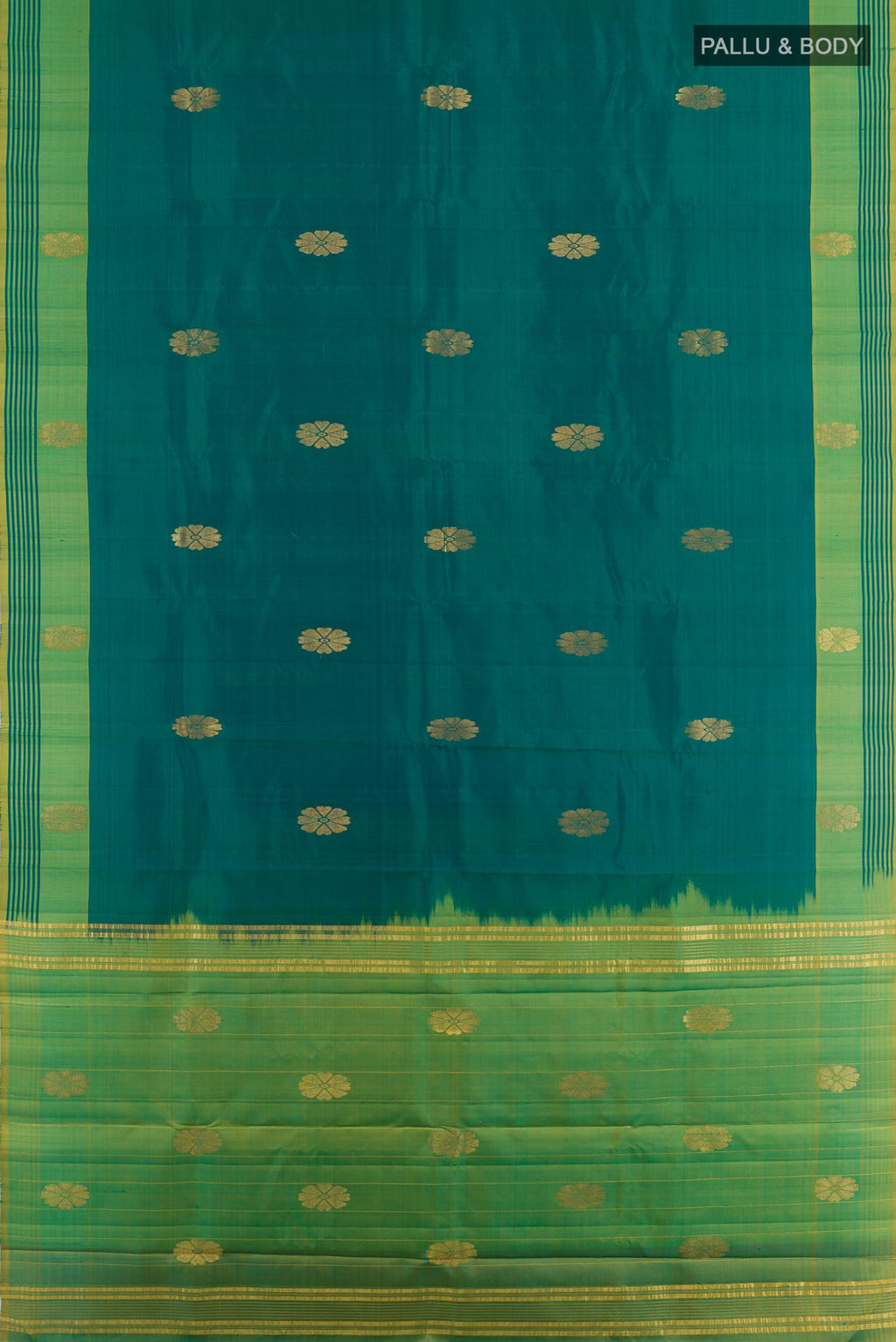 Flat view of Green Kanchipuram Silk Saree with Zari Butta on the body and Zari Border. 