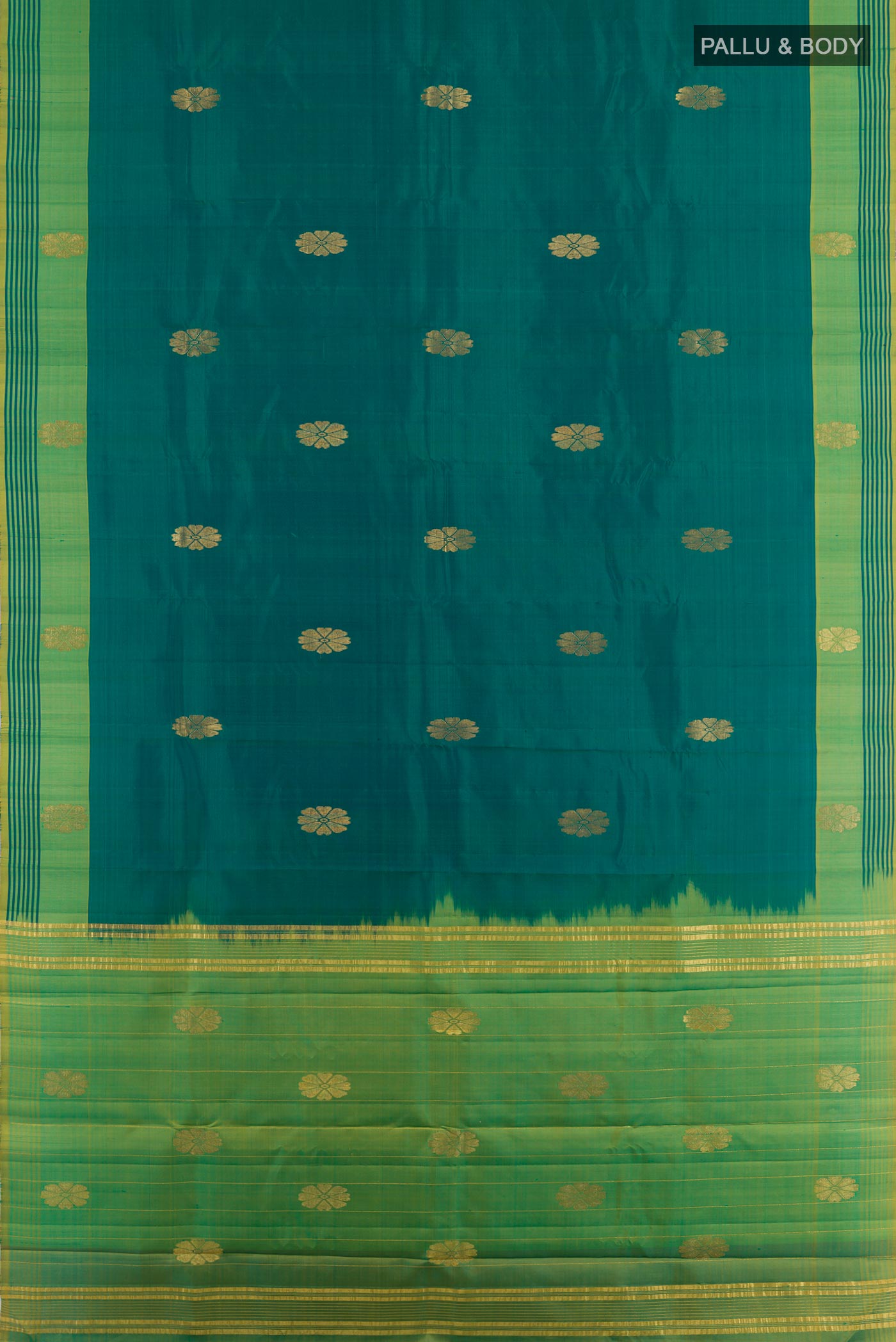Flat view of Green Kanchipuram Silk Saree with Zari Butta on the body and Zari Border. 