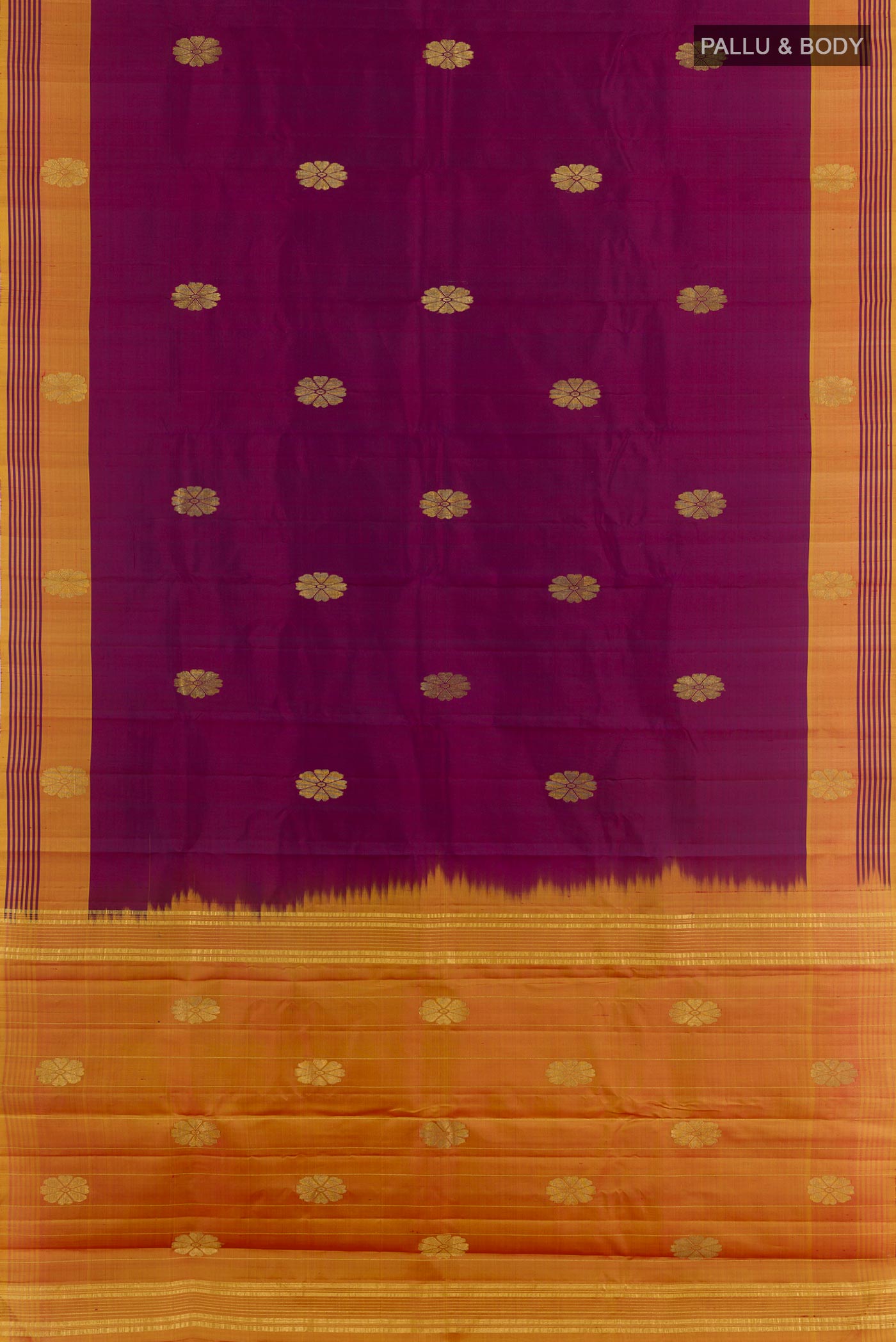 Flat view of Purple Kanchipuram Silk Saree with Zari Butta on the body and Zari Border. 