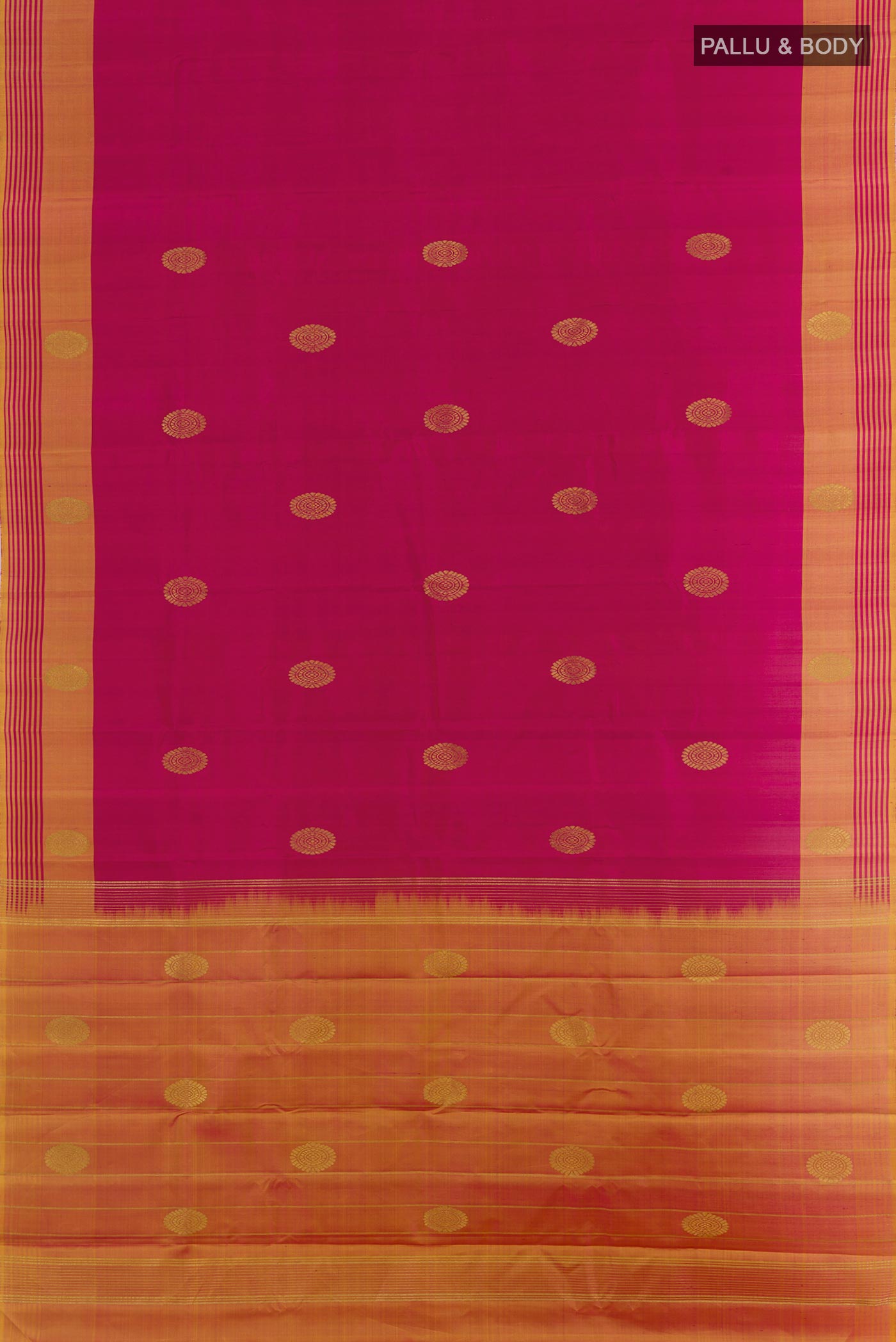 Flat view of Pink Kanchipuram Silk Saree with Zari Butta on the body and Zari Border. 