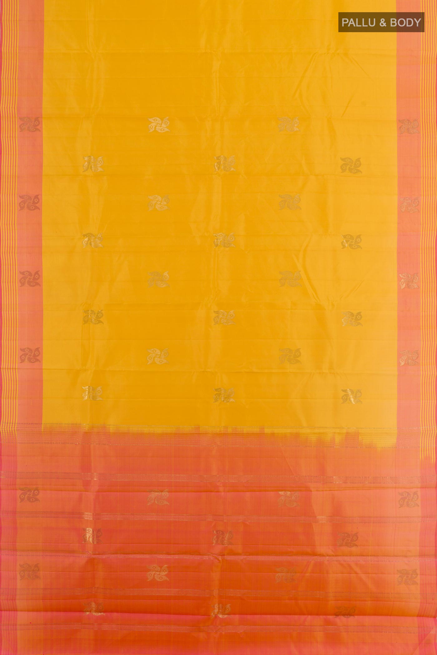 Flat view of Yellow Kanchipuram Silk Saree with Zari Butta on the body and Zari Border. 