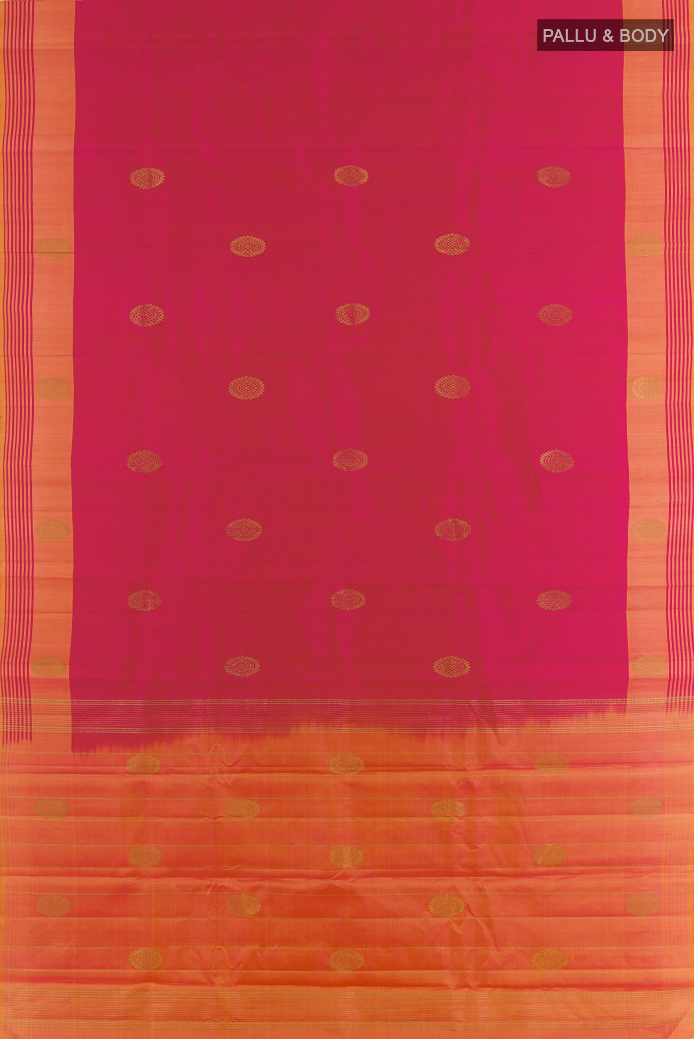 Flat view of Pink Kanchipuram Silk Saree with Zari Butta on the body and Zari Border. 