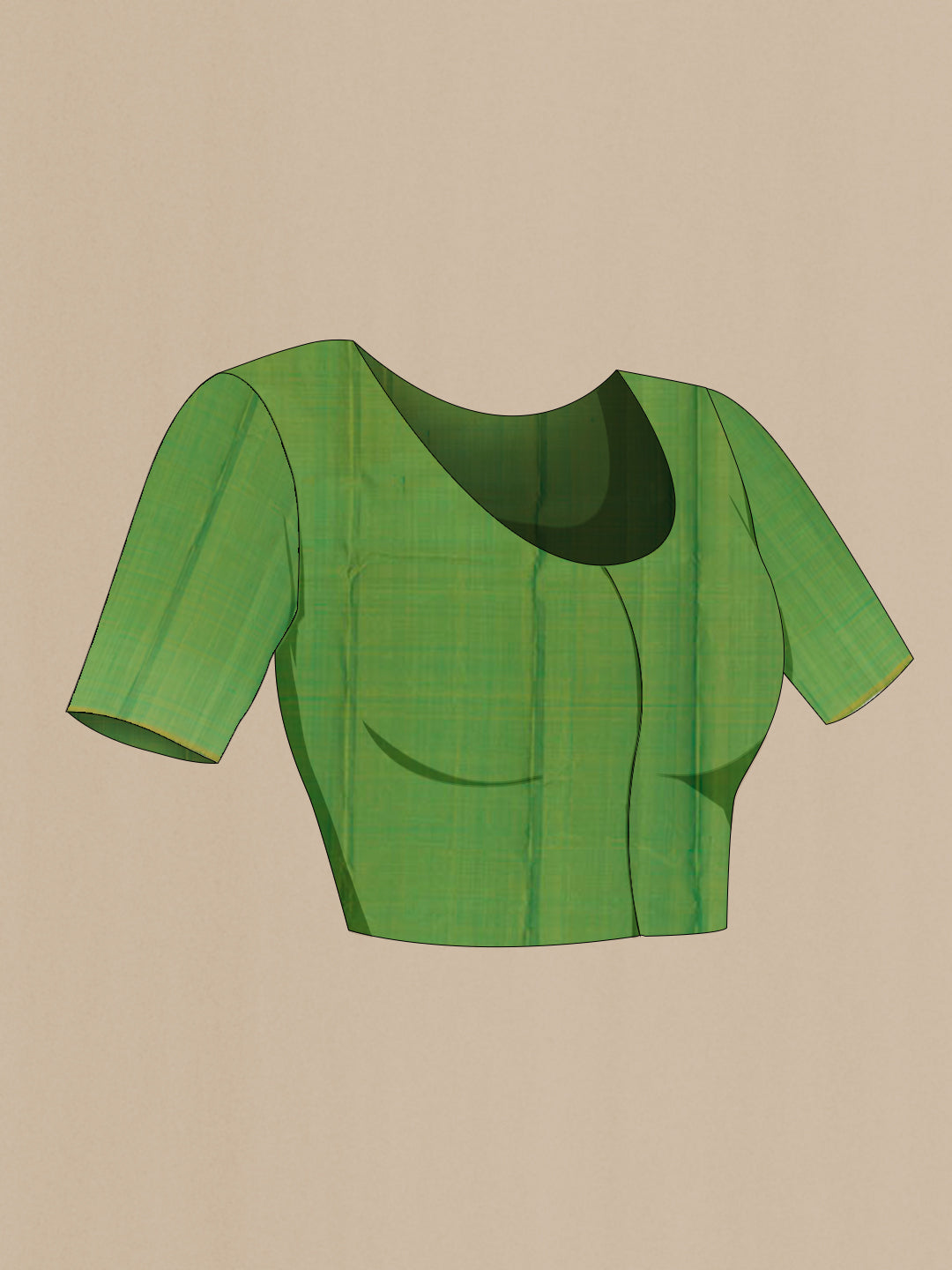 Close up image of the blouse of Green Kanchipuram Silk Saree with Zari Butta on the body and Zari Border. 