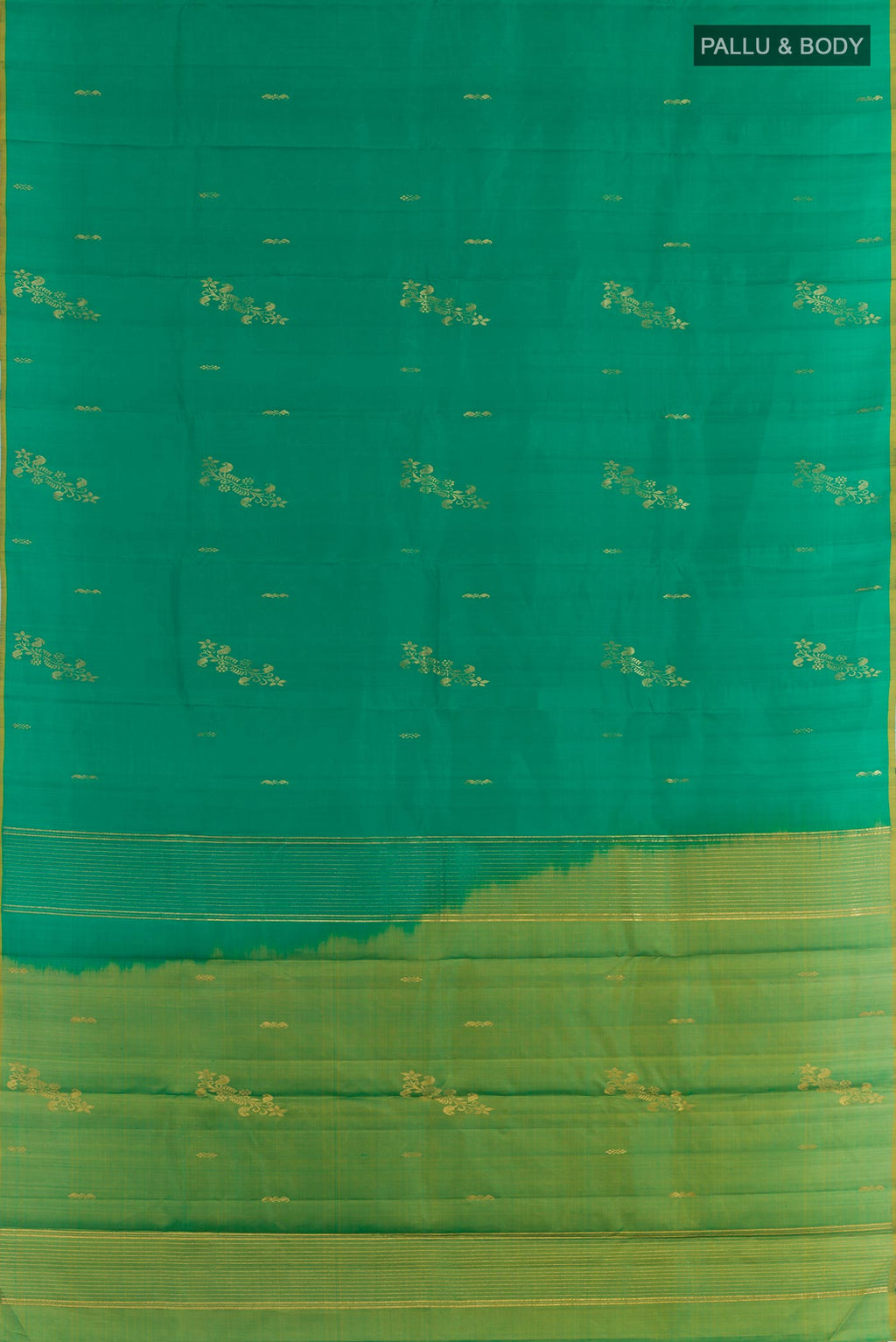 Flat view of Green Kanchipuram Silk Saree with Zari Butta on the body and Zari Border. 
