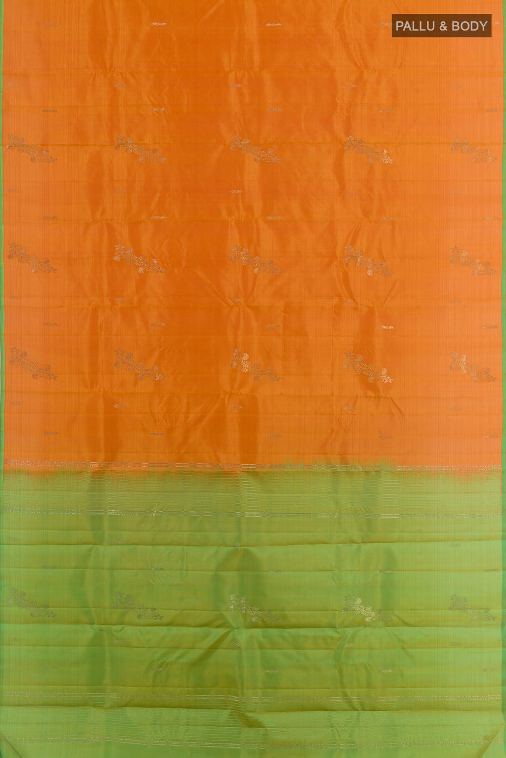 Flat view of Orange Kanchipuram Silk Saree with Zari Butta on the body and Zari Border. 