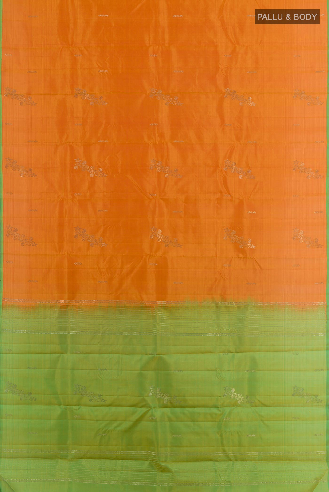 Flat view of Orange Kanchipuram Silk Saree with Zari Butta on the body and Zari Border. 