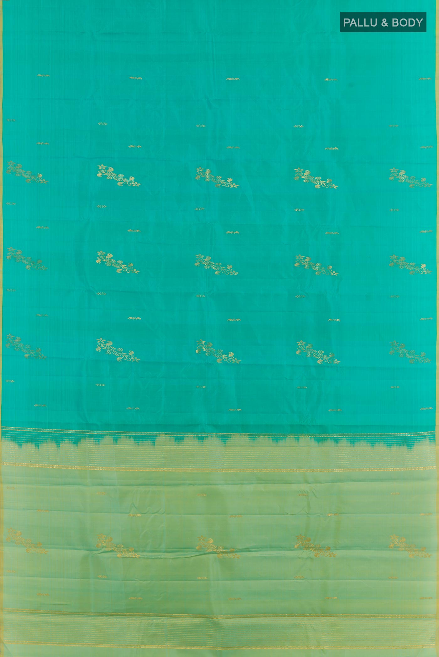 Flat view of Blue Kanchipuram Silk Saree with Zari Butta on the body and Zari Border. 