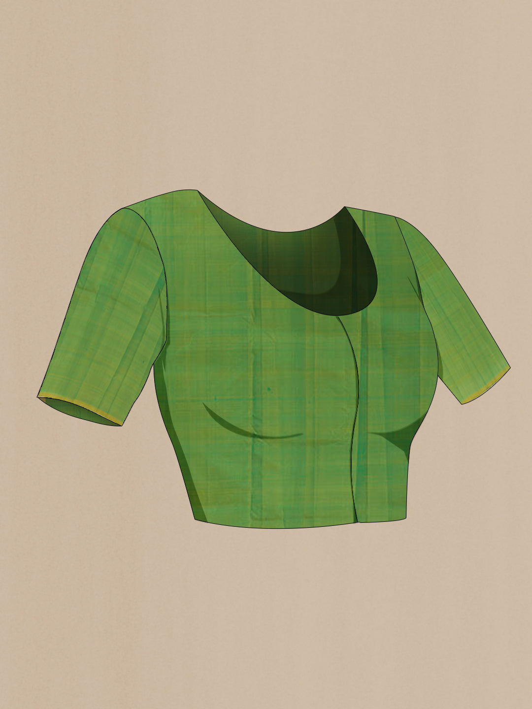 Close up image of the blouse of Green Kanchipuram Silk Saree with Zari Butta on the body and Zari Border. 