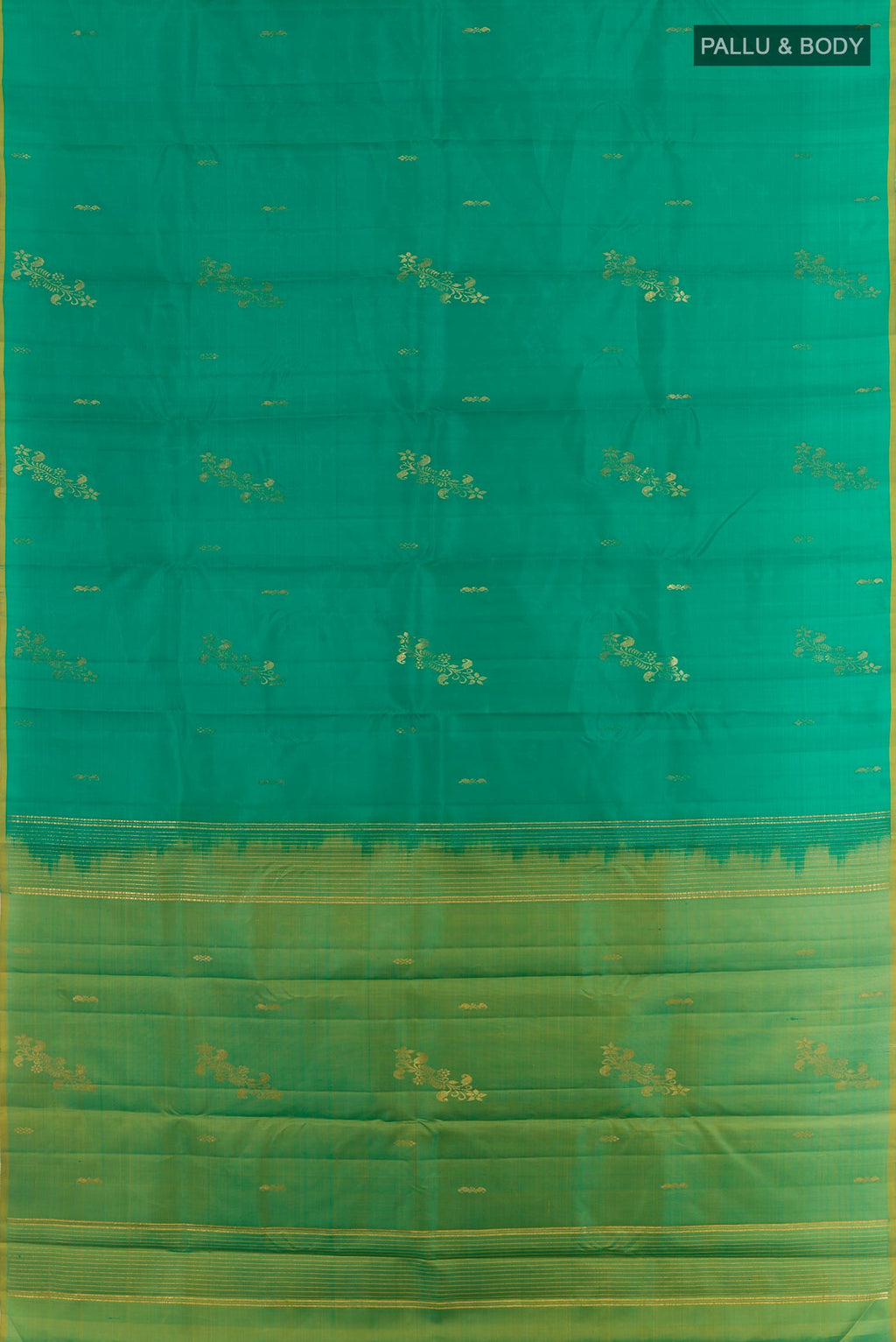Flat view of Green Kanchipuram Silk Saree with Zari Butta on the body and Zari Border. 