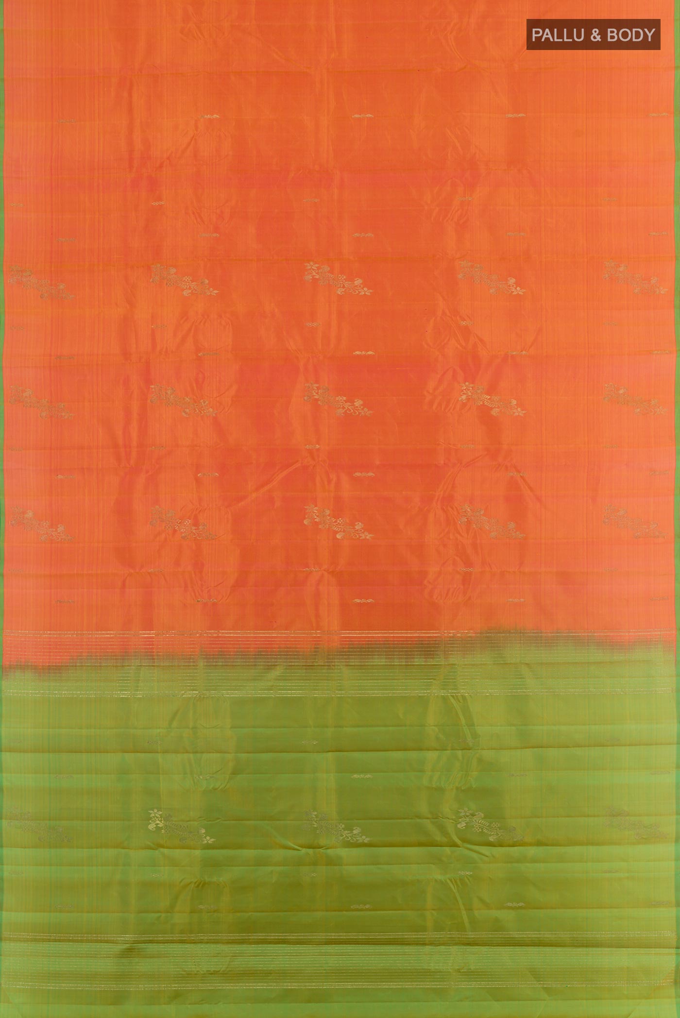 Flat view of Orange Kanchipuram Silk Saree with Zari Butta on the body and Zari Border. 