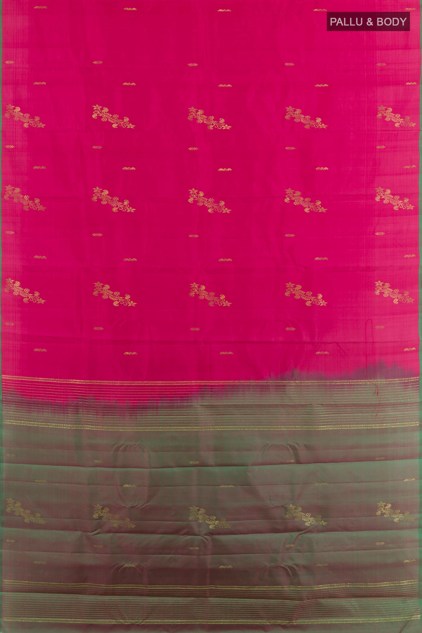 Flat view of Pink Kanchipuram Silk Saree with Zari Butta on the body and Zari Border. 