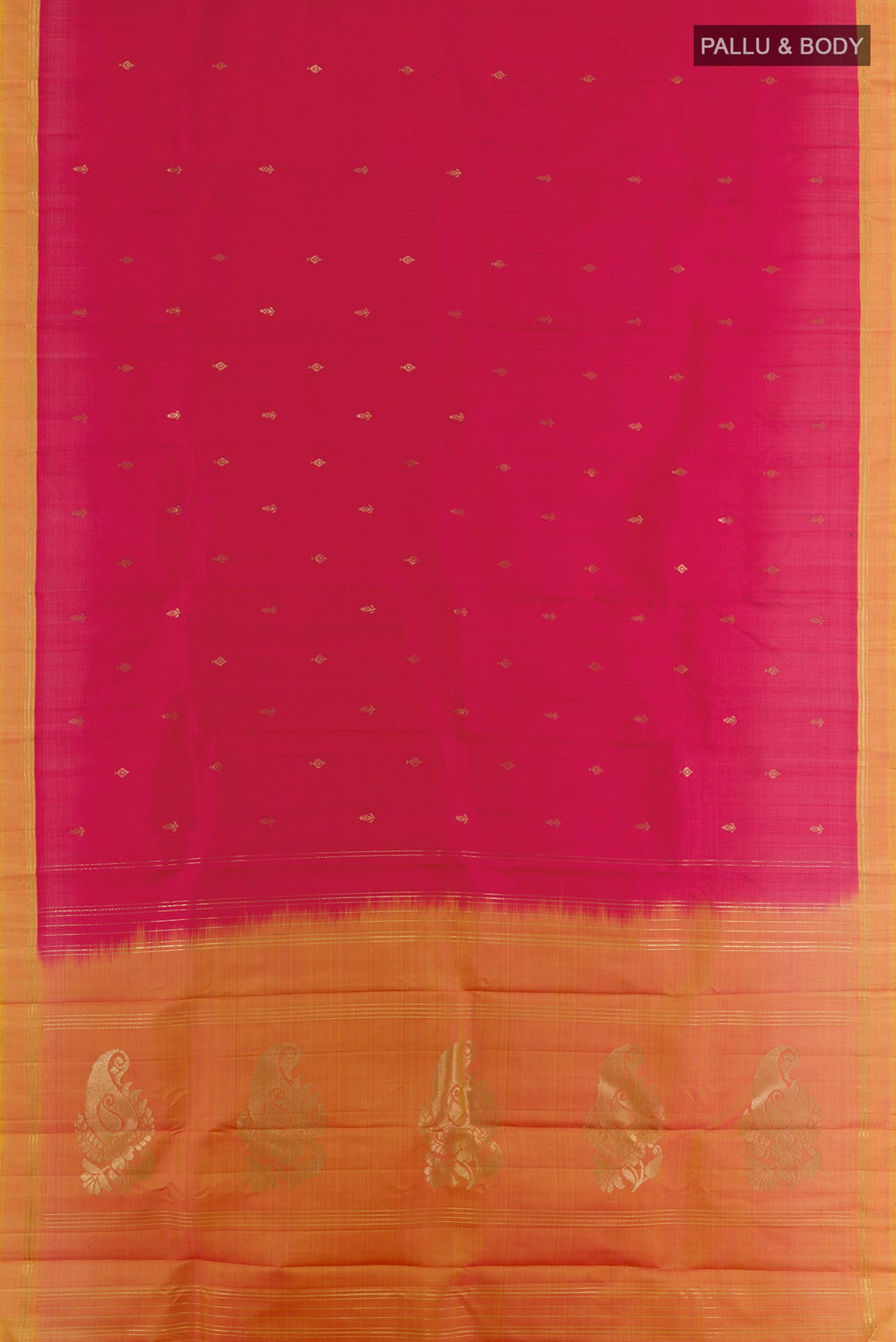 Flat view of Red Kanchipuram Silk Saree with Zari Butta on the body and Zari Border. 